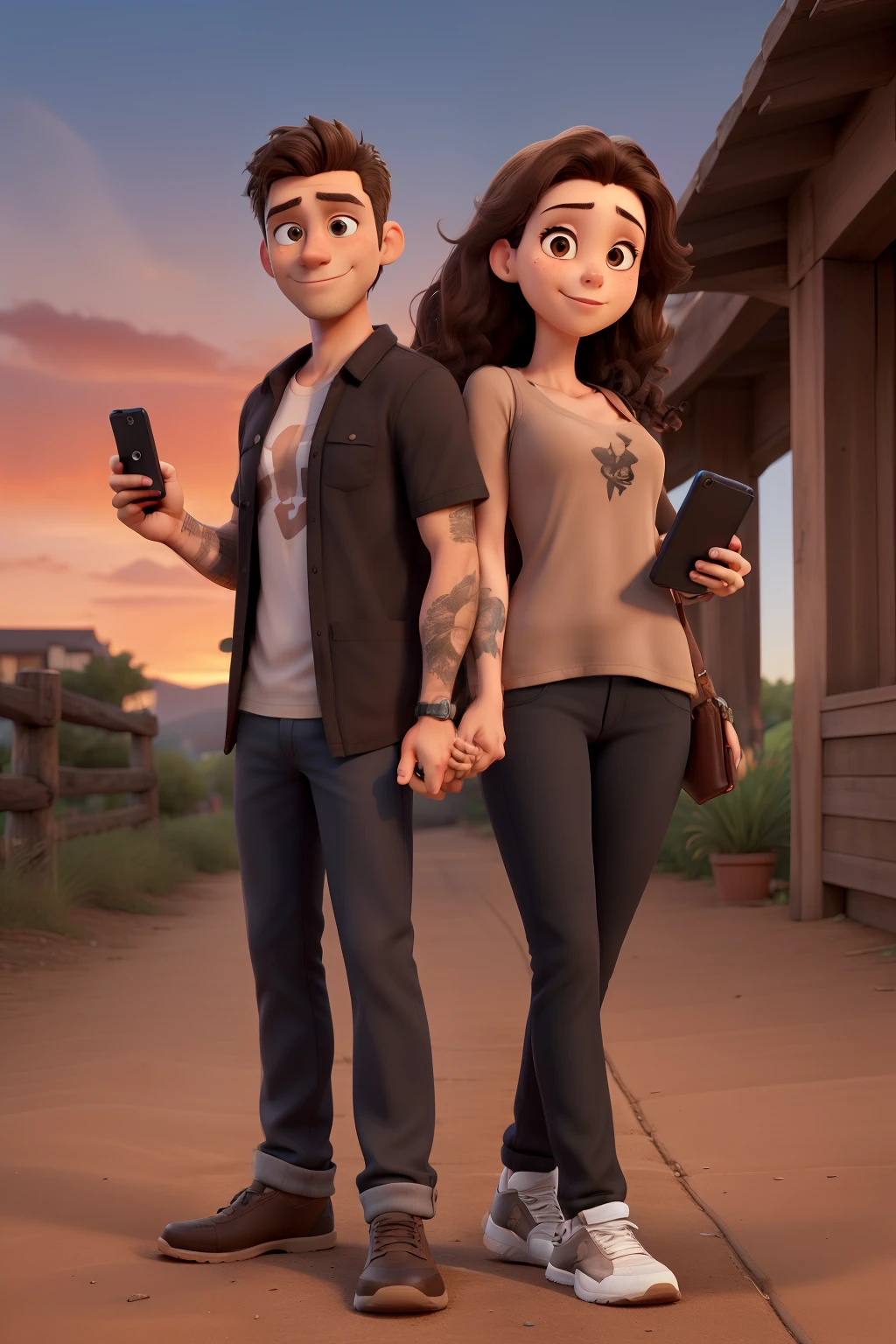 man and woman couple, both age 45, man, with goatee, sexy dark-haired, defined body, tattoos on arms, medium-length straight brown hair, long hair, sexy look, brown eyes, holding a video camera in hand, wearing a black t-shirt. fair-skinned woman, wavy brown hair, medium-length hair, brown eyes, holding a cell phone in hand, wearing a black blouse, sunset background image.
((melhor qualidade)), ((obra de arte)),