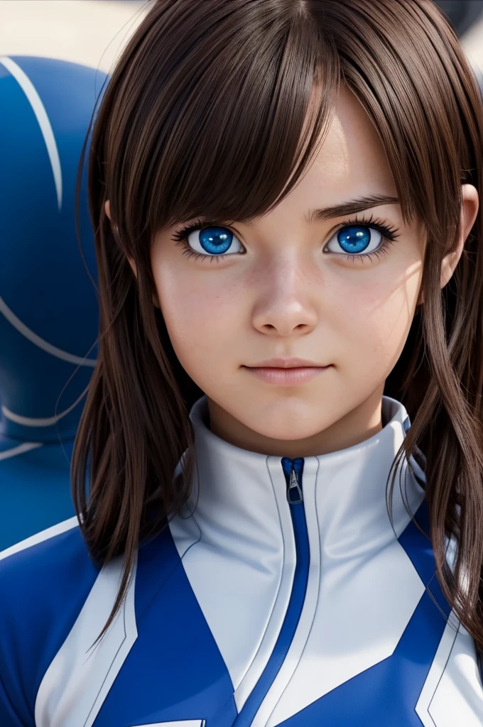 Screenshot of my hero academia.girl from the UA who has a shy expression and has short, boluminous brown hair who has blue eyes and has a UA suit