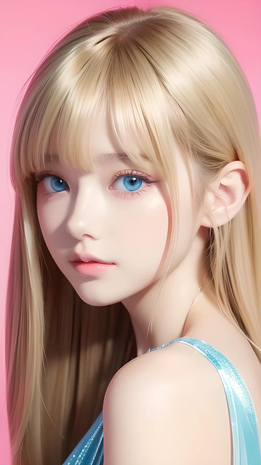 Crystal clear and shiny skin、Cute  13 year old with beautiful face、Very large, beautiful, bright, pale sky blue eyes、Very big eyes、Super long straight hair that shines in the light、Long, silky bangs that cover her cute eyes、Hair that hides sexy features、too long bangs、Sexy and cute young beauty、Super long natural young blonde hair with sparkling highlights Blonde over one eye Blonde over one eye、Blonde hair between the eyes
