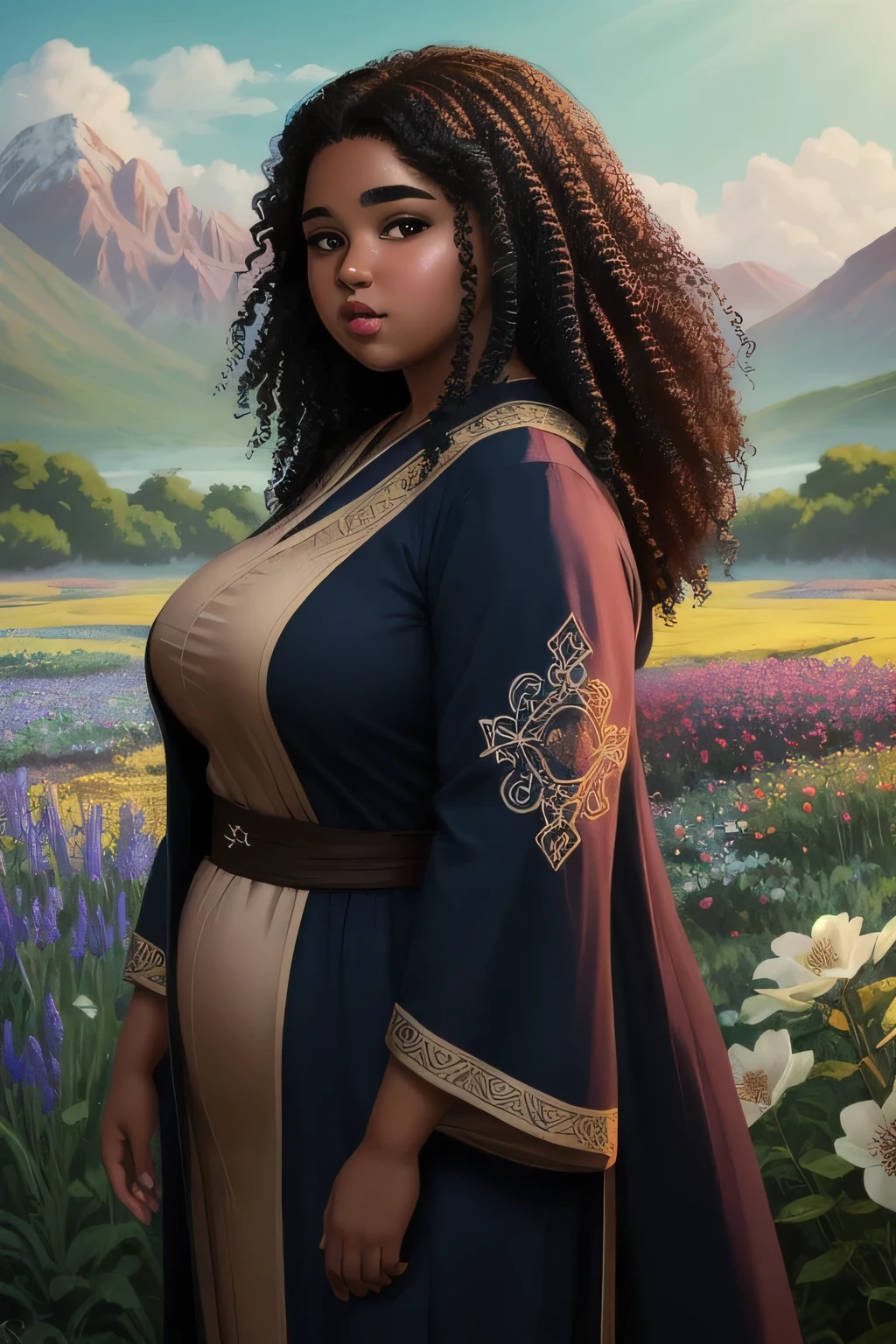 Anime illustration semi-realism of brown skin latina girl, 25 year old, plus size, curvy, overweight, black round eyes, black curly hair, full lips, sleek design, brown skin, sideswept hairstyle, round face, fantasy, mage blue outfit, mage robes blue, detailed hem, flower field background, dynamic light,