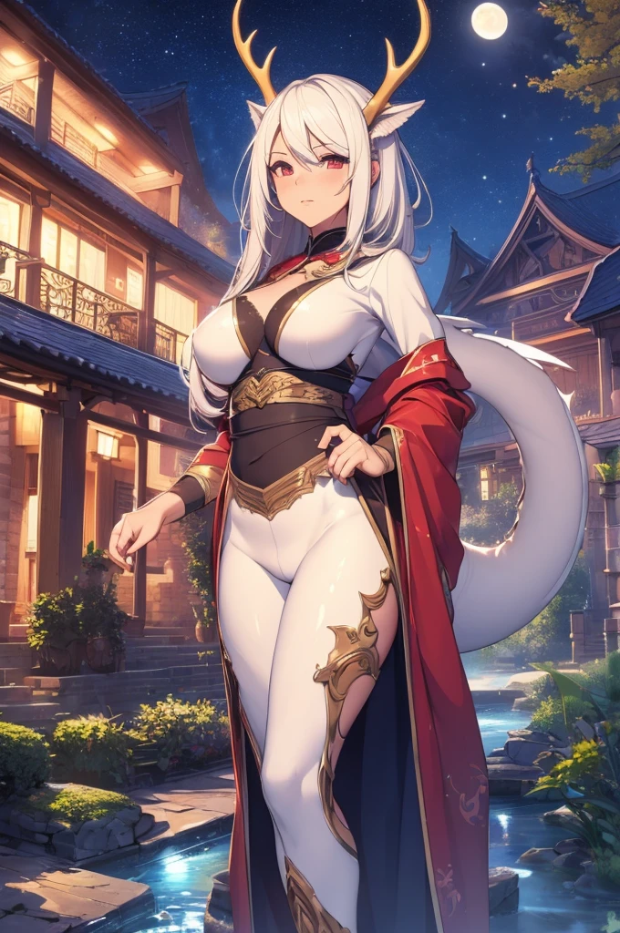 (work of art, better_品質, ultra detali, 8k, ultra HD, spotless:1.3) epic, artgerm, pixiv, art station, 1 girl, single character, Dragon Girl, Dragon tail, antlers, White hair, tight clothing, tiny clothes, Eyes red, night time, plein-air, water, Raby, moon light, stary night