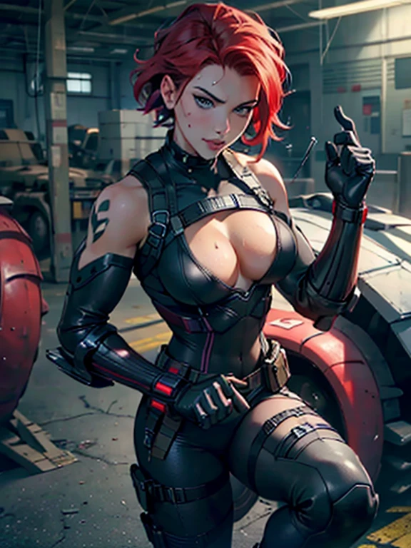 Masterpiece, PhotoRealistic, beautiful detailed eyes, slim athletic body, round breasts, cleavage showing(nipples poking out), sweaty glistening shiny skin; Scarlett Johansson as Black Widow is often depicted in a sleek, tight black leather suit, which is designed to be both functional for combat and visually striking. Sluty makeup, glistening red lips, Her character typically exudes confidence and strength, often seen smiling or with a determined expression. In this iconic look, the costume is form-fitting with tactical details, including a low-cut neckline, utility belt, and various accessories like wrist gauntlets and holsters. Her red hair short classic bob hairstyle, complementing her overall fierce and capable persona, she has a flirtatious smile. Tanks and armored vehicles