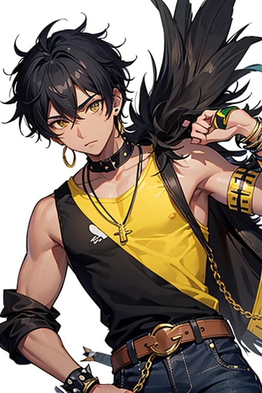 Kieran Moreno from Camp Buddy, black boy, 16 years old, Native American skin, yellow eyes, spiky black hair and is seen wearing a black rocker bracelet and a pair of yellow earrings in his right ear. slim, muscular build, red sleeveless shirt with green stripe, open yellow vest, necklace with a golden cross, blue jeans, light black belt, looking directly at viewer, white background