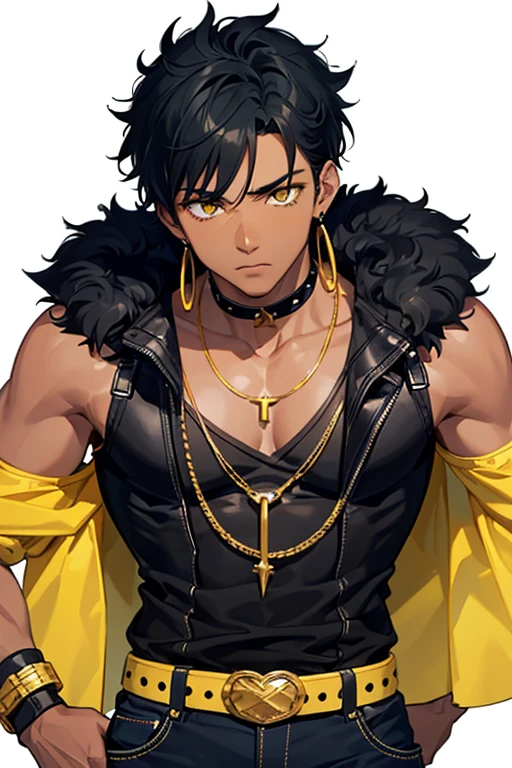 Kieran Moreno from Camp Buddy, black boy, , Native American skin, yellow eyes, spiky black hair and is seen wearing a black rocker bracelet and a pair of yellow earrings in his right ear. slim, muscular build, red sleeveless shirt with green stripe, open yellow vest, necklace with a golden cross, blue jeans, light black belt, looking directly at viewer, white background