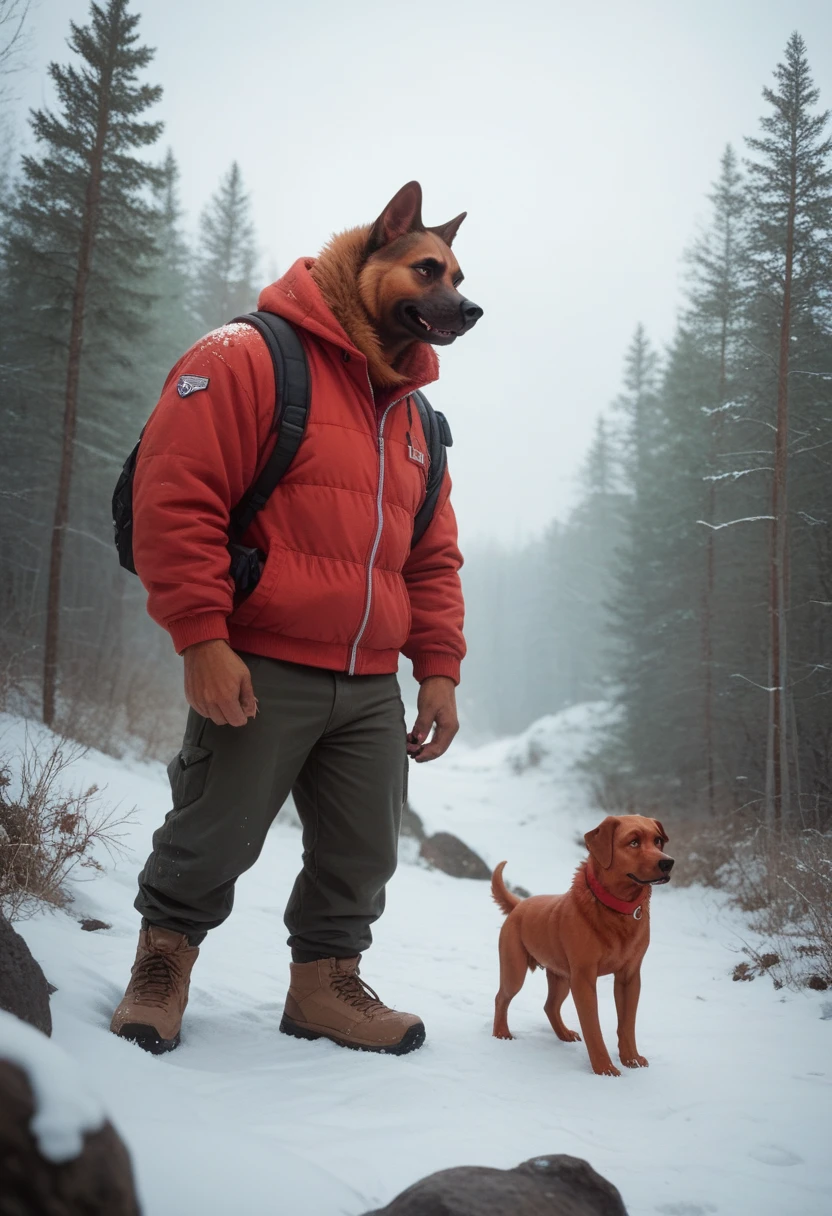 male furry red dog with red dog penis, full body, in a deserted snowy landscape