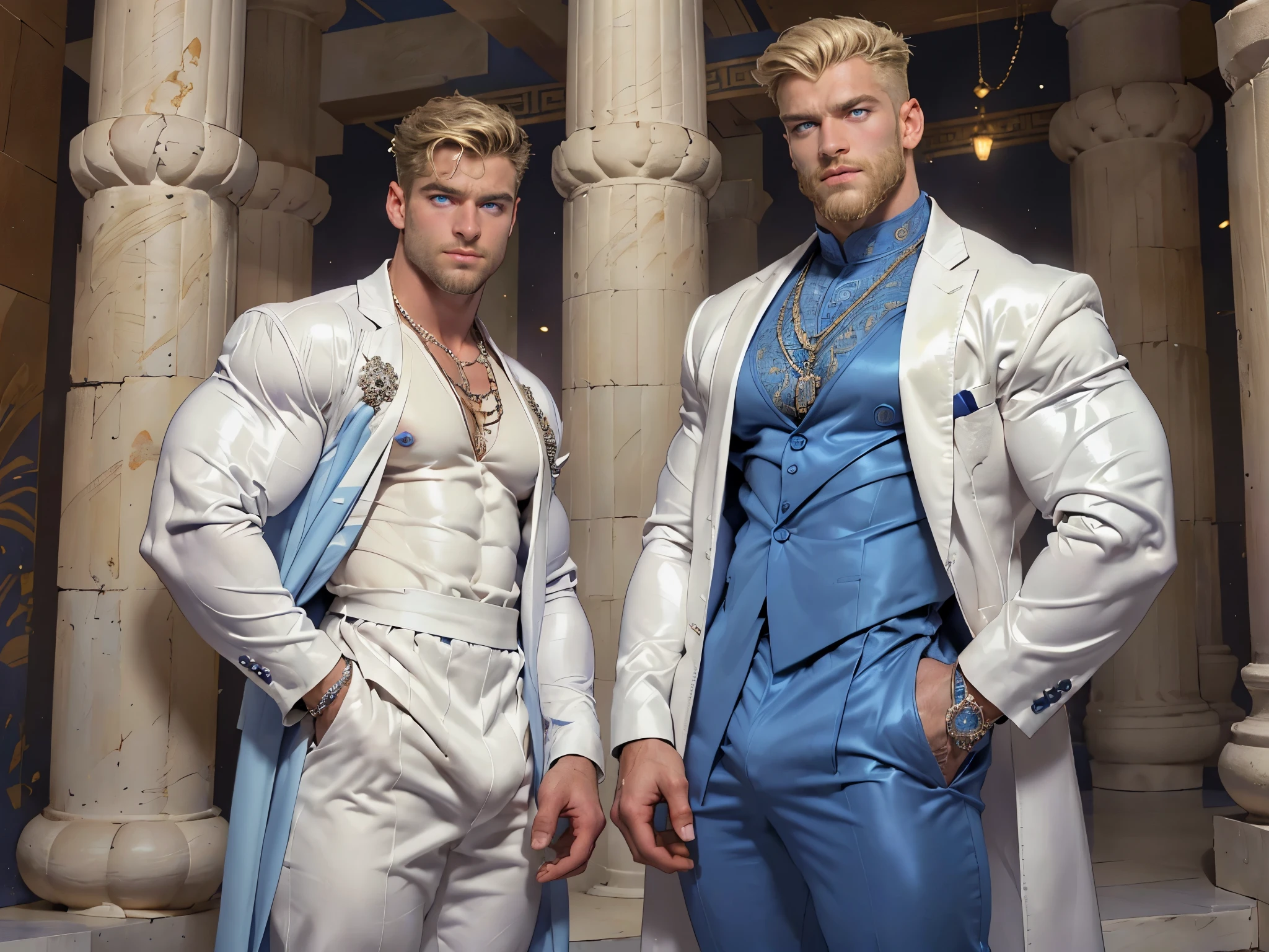 (man:1.5),1 man,male, muscle, 1 chico, muscle, pectoral, muscular, Mature man,45 years,1 man,macho man,perfect body,an extremely delicate and beautiful detailed face,((by rubio,cute hairstyle,short by rubio)),(((blonde very short beard, blonde very short beard))), (((blue_eyes:1.3))),Intricate eyes,beautiful detailed eyes,symmetrical eyes,perfect face, cute hairstyle,perfect proportions, thick, ((detailed face)),macho man,
(male Caucasian Prince),Prince,
(((shiny skin:1.5,tanned skin,shiny skin: 1.5,tanned skin,shiny skin,very shiny skin,shiny body))),powerful,heroic,NSFW,
Caucasian,elegant,
(open to that, arabic fashion,Arab of that, Cowboys,White shirt, Masculine traits, modern style,Arabic clothing),(((blue toga, blue toga suit, wearing a blue toga:1.3,arab blue toga))),(arabic jewelry,Intricate necklace),((bulge in pants)),(((Intricate outfit,Intricate clothes,embellished suit))),
(dynamic pose:1.0),ashamed,(centered,Scale to fit dimensions,rule of thirds),
inside,interior,((room in a greek temple:1.3,columns of a greek temple:1.3)),scenery:1.25,((Intricate scenery)),((winter decorations)),
(Bright winter decorations),High resolution,sharp focus,(ultra detailed,extremely detailed),(photorealistic artwork:1.37),(extremely detailed CG unity 8k wallpaper),(((vibrant colors,vibrant theme))),(Intricate),(masterpiece),(Best Quality),