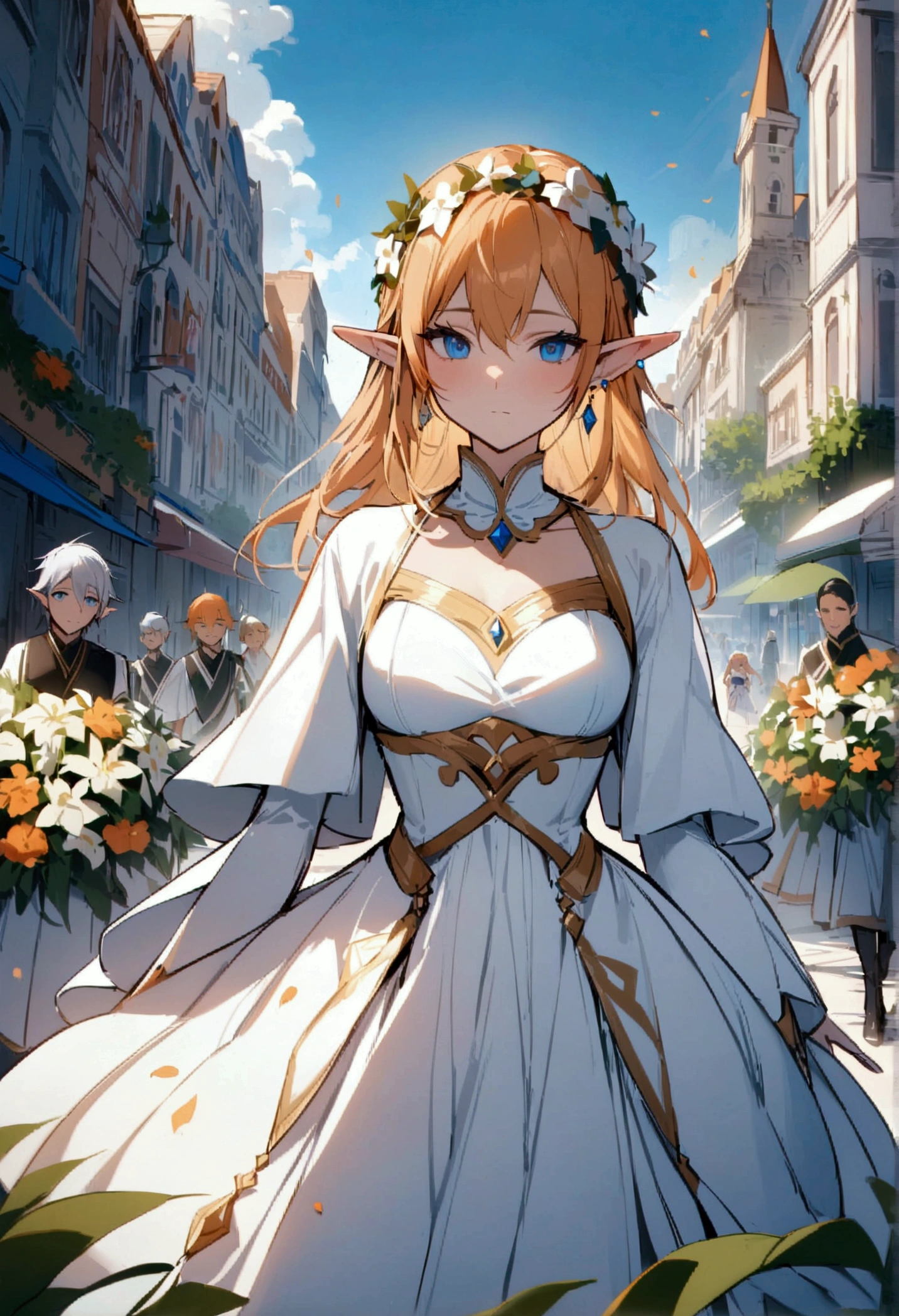 Masterpiece, High quality, High quality of art, best quality, best details, 1boy, fluffy orange hair, blue eyes, In white Heaton, a white city, a blue sky, full of inhabitants around, the inhabitants bow to him, Wreath of lilies, The white city of the elves, Walking along the main street of the city, there are many plants in the city, prince, A gold earring with a diamond on the left ear, in princess dress, small boy breast, boy, no female, almost adult, Elf boy, In front of him, the children scatter petals