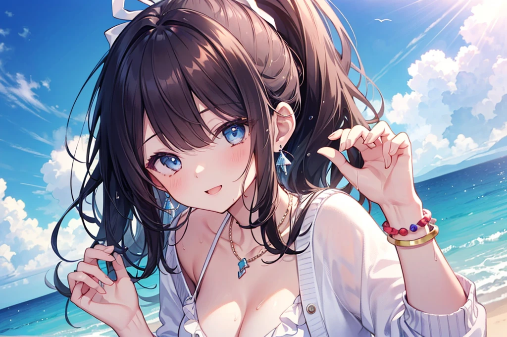 (((girl kawaii))), (a Very delicate and beautiful girl), ((Ultra-fine illustrations)), (Very delicate and beautiful), charactera girl, Please raise your hand, Wet, girl, age girl, Flowing Hair, (High Ponytail), (Long dark brown hair), Beautiful and fine hair, Very beautiful and detailed anime faces and eyes, (smile), Intricate details、Beautiful and delicate eyes, Bright Eyes, Open your mouth, Cleavage, Pale blue eyes, White skin, Frills, Hair Ribbon, Earrings, Gemstone Necklace, bracelet, (White Bikini), cardigan, Wet clothes, Open Court, White clothes, (Beach), (blue sky), sunlight, Backlight, Highly detailed light, ((Absurd)), (((wallpaper 8k CG))), masterpiece,