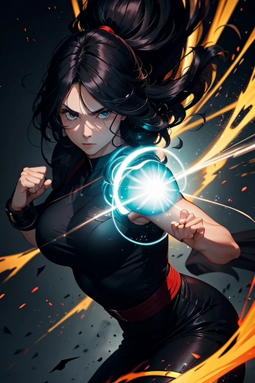 a one woman, blackquality hair, calm look, preparing a coup, martial arts fighter, mystical powers in the fists, natta, surrounded by energy
