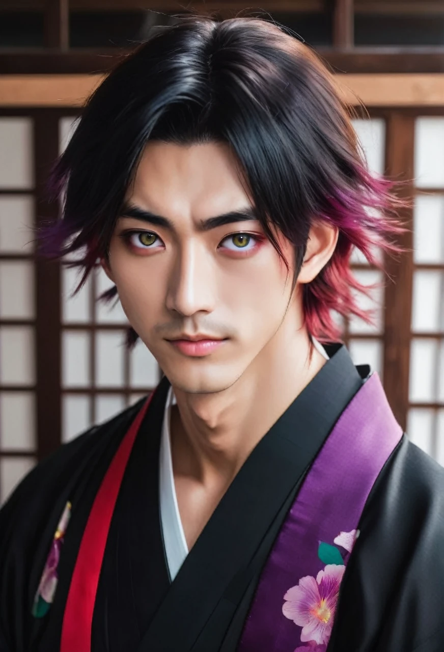 I want a young Japanese man, he has heterochromia, one eye is green and the other is purple, red hair color, and have a naughty smile, make him wearing a black and purple kimono. Um retrato realista, full hd 4k.