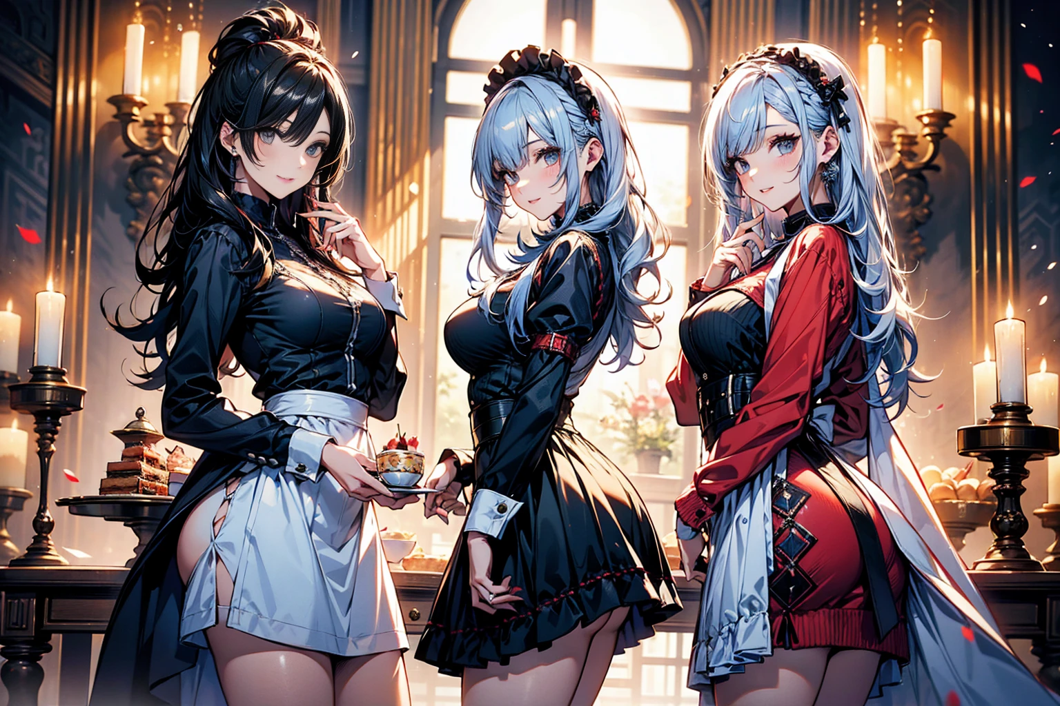 (masterpiece, Highest quality), (Ultra-high resolution, 8K RAW Photos, Photorealistic:1.5, Fabric Shading, Thin contours), Beautiful mature woman preparing a tea party in the garden, (Tea set, you can, Tea cup, Some cakes on a plate), Gothic Table, 伝統的なダークブラウンのMaid clothesを着用, Maid clothes:1.2, Long Flared Skirt, apron, tall and leggy, Long white hair, Wearing borderless grass, (Mature Woman:1.5, 28 years old, alone), (Large Breasts, Saggy breasts, big , Tight waist), (Long white hair, Hair on one eye, Updo, Side Lock, Asymmetrical Hair, Wavy Hair), (Bright Eyes, Detailed eyes, A face with attention to detail, perfect face shape, Bloodshot eyes), (A seductive smile, Half-close your eyes), (Looking at the audience:1.3), (Dynamic Angle, Thigh Focus, From side to bottom:1.2), ((Correct Anatomy:1.5, The right move)), (Ideal body proportions), Outdoor, Glass Garden,