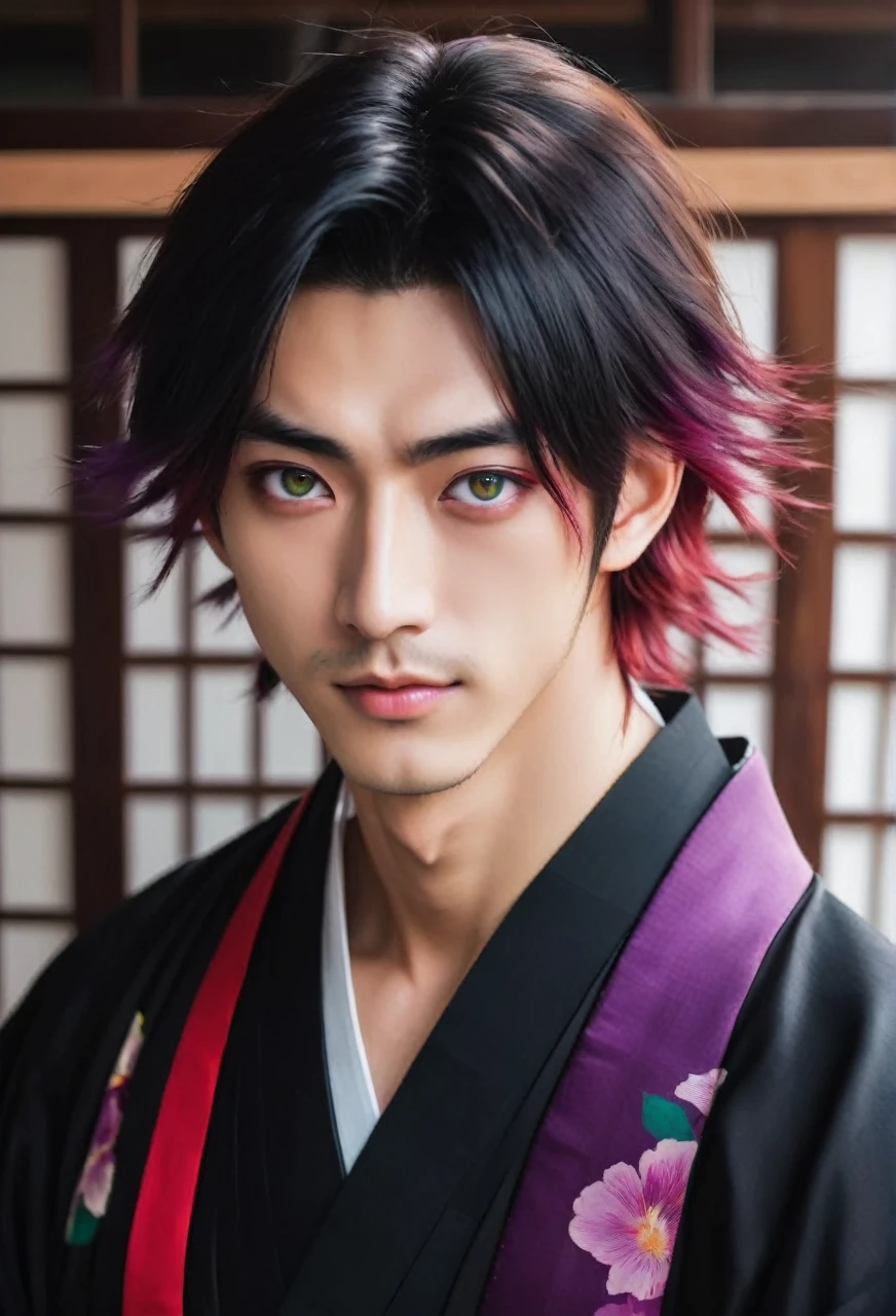 I want a young Japanese man, he has heterochromia, one eye is green and the other is purple, red hair color, and have a naughty smile, make him wearing a black and purple kimono. Um retrato realista, full hd 4k.