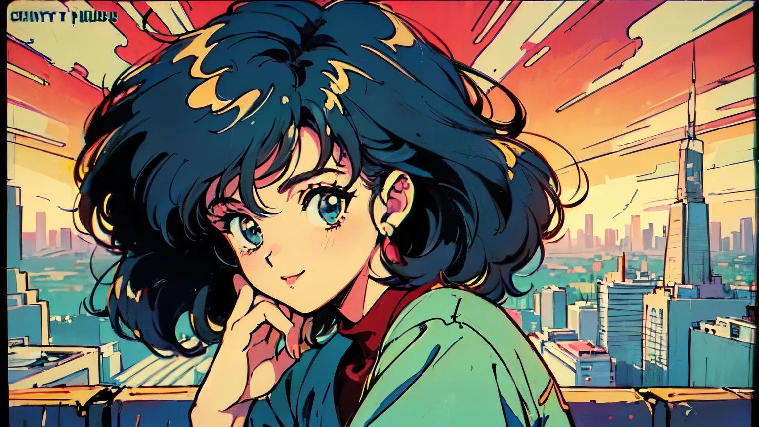 (80's, Retro, City Pop Poster:1.5), (Album cover), (masterpiece, Highest quality, Intricate details), (anime, figure), (pastel colour:1.3), Best Photo Poses, Dynamic Angle, girl, alone, smile, A perfect eye for detail, Delicate face, City scene, City of night, Tokyo, High Fashion,