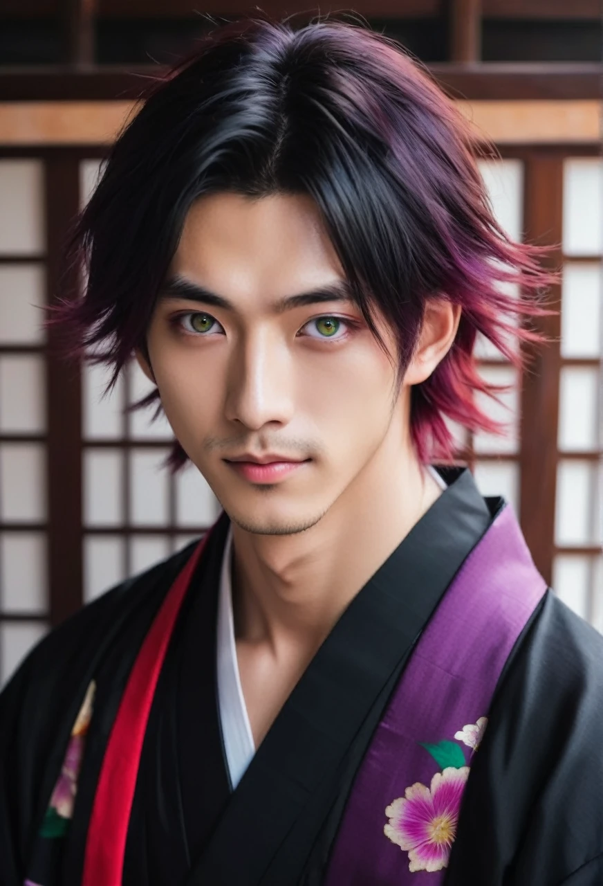 I want a young Japanese man, he has heterochromia, one eye is green and the other is purple, red hair color, and have a naughty smile, make him wearing a black and purple kimono. Um retrato realista, full hd 4k.
