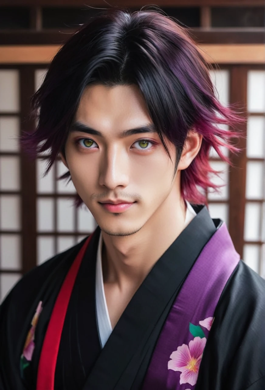 I want a young Japanese man, he has heterochromia, one eye is green and the other is purple, red hair color, and have a naughty smile, make him wearing a black and purple kimono. Um retrato realista, full hd 4k.