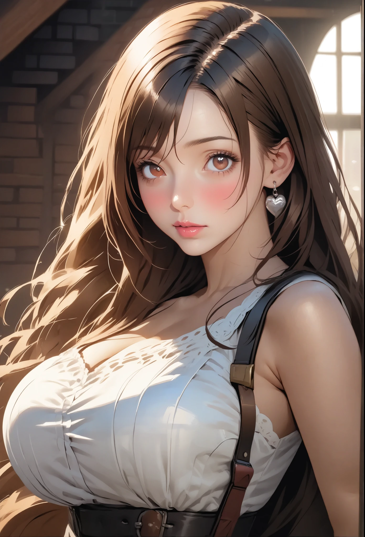 score_9、score_8_up、score_7_up、One girl、Hyperrealism Style、Photorealism Style、Real、Big Breasts:1.2、lips、Upper Body、Long Hair、Gazing at the audience、blush、bangs、Brown Hair、Brown eyes、Narrow eyes、Earrings、fixed、No fixes、（TifaがBlowjob）、Tifa（FF7),((Tifa ロックheart))、Huge penis with visible veins、testis、sense of awe、Perfect Eyes、Penis Focus、heart、Breast compression、Blowjob、blush、Detailed eyes、Mature Woman、High resolution、high quality、最high quality、masterpiece、HDR、Volumetric lighting、Highest production values、masterpiece、Beautiful Face、