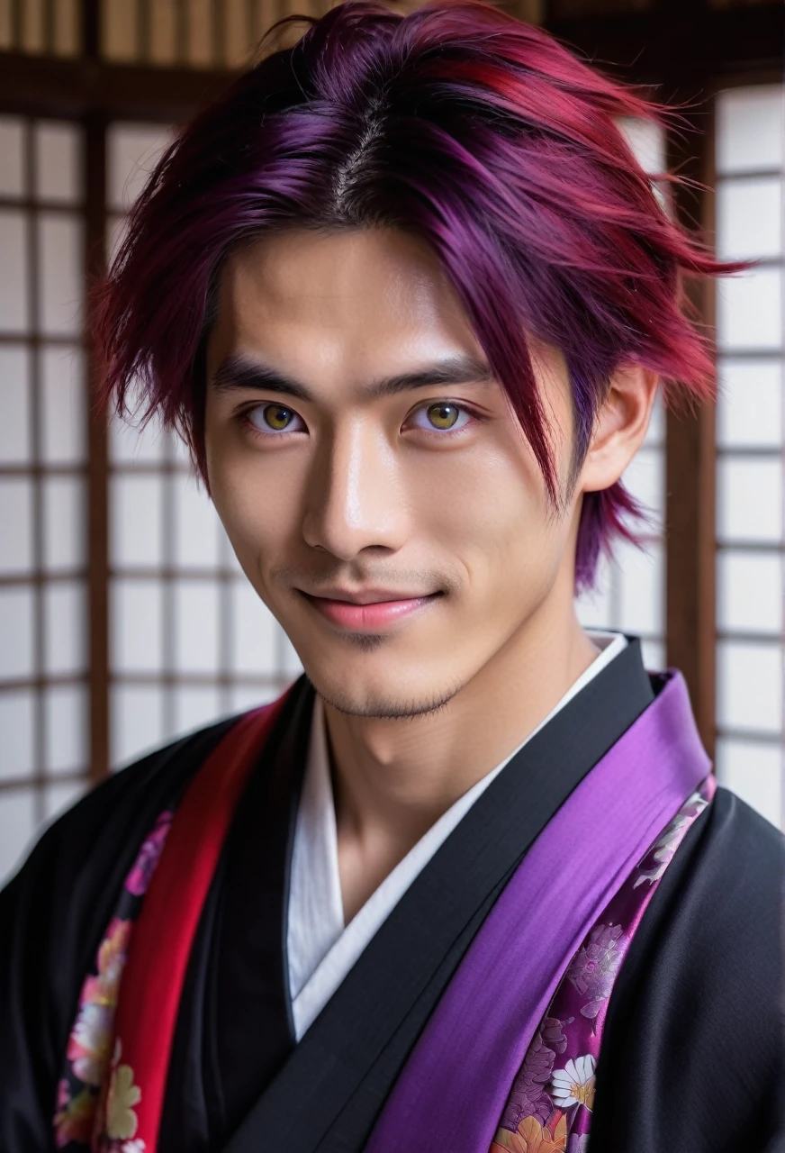 I want a young Japanese man, he has heterochromia, one eye is green and the other is purple, red hair color, and have a naughty smile, make him wearing a black and purple kimono. Um retrato realista, full hd 4k.