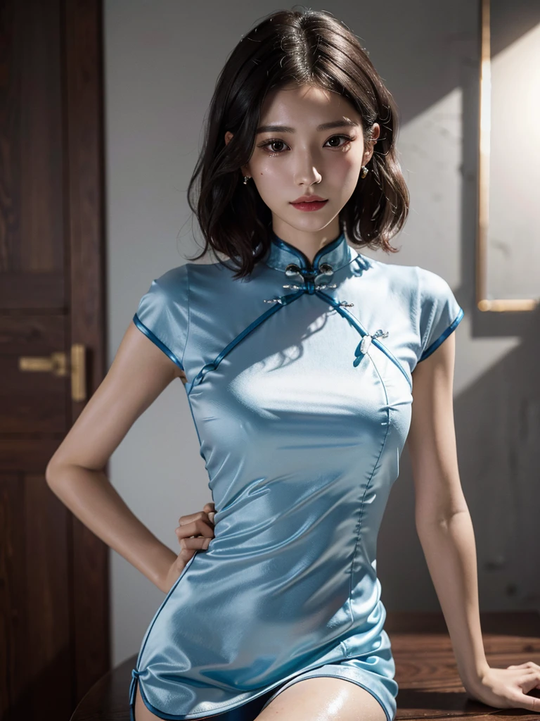 absurdres, RAW photo, extremely delicate and beautiful, masterpiece, Best Quality, ultra high resolution, 32k, hyperrealistic, ultra-detailed, perfect anatomy, anatomically correct, perfect figure, super Detailed skin, 20 years old, very Slim body, narrow waist, very small head, very small face, delicate facial features, detailed face, detailed eyes, tearful mole, earring, thin legs, bare legs, ((very huge round breasts)), short medium hair, ((wavy hair)), wet clothes, ((cheongsam)),