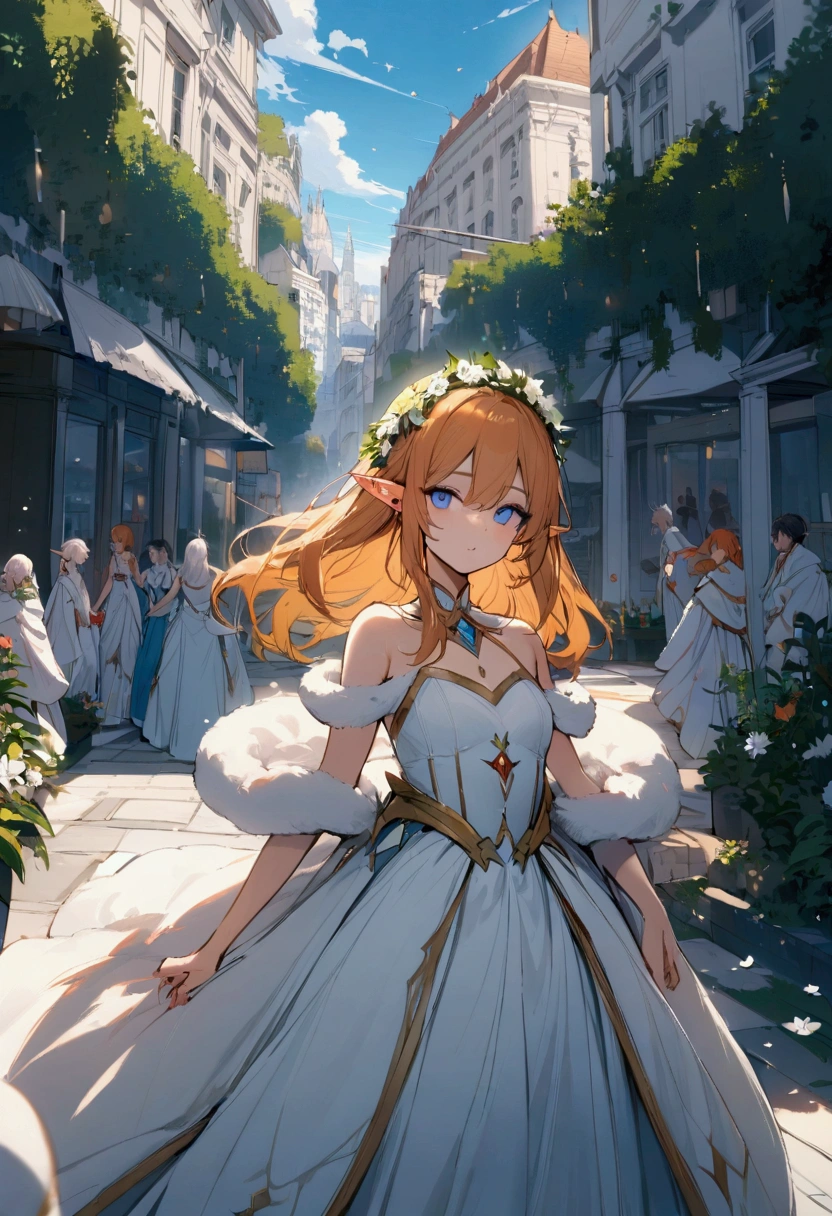 Masterpiece, High quality, High quality of art, best quality, best details, 1boy, fluffy orange hair, blue eyes, In white Heaton, a white city, a blue sky, full of inhabitants around, the inhabitants bow to him, Wreath of lilies, The white city of the elves, Walking along the main street of the city, there are many plants in the city, prince, A gold earring with a diamond on the left ear, in princess dress, small boy breast, boy, no female, almost adult, Elf boy, In front of him the children scatter petals