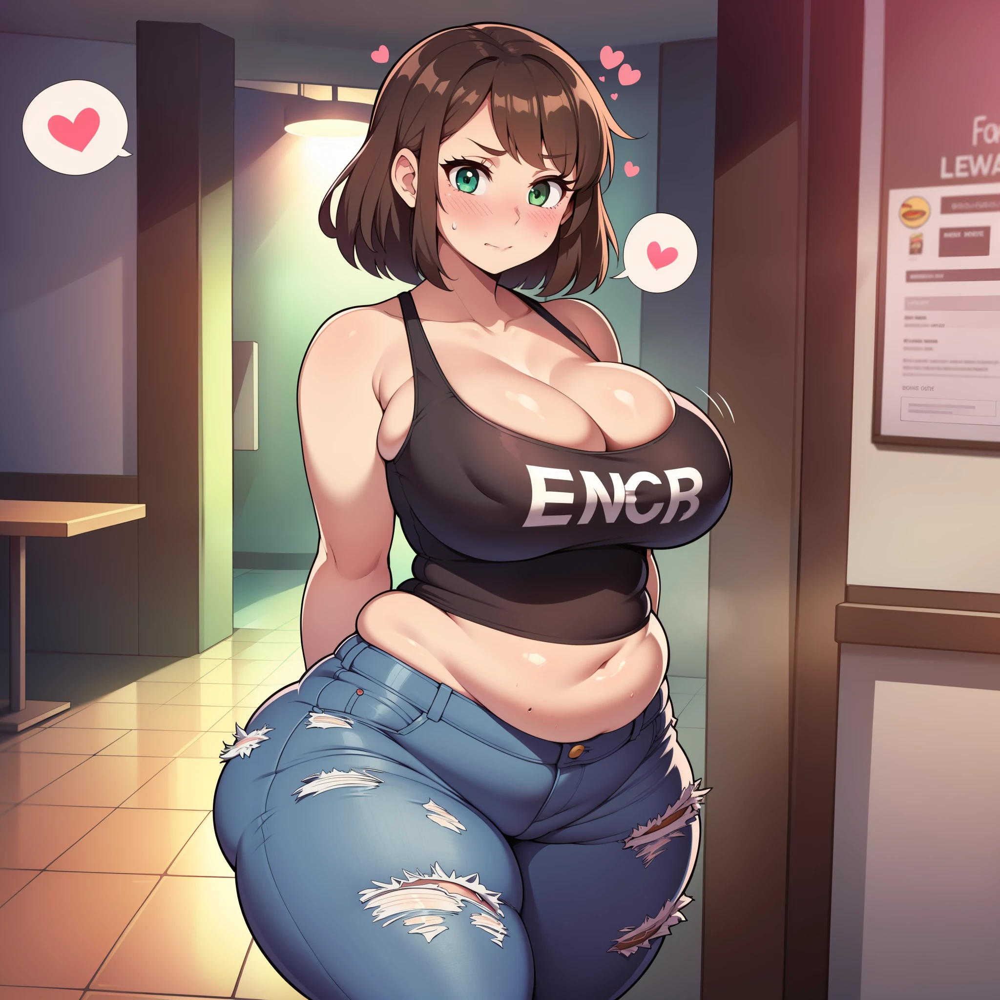 ((highres)), Masterpiece, high quality, best quality, beautiful, perfect lighting, detailed face, ultra cute face, ((1girl)), ((blush)), ((blush)), embarrassed, looking at viewer, skindentation, short brown hair, fluffy hair, green eyes, jeans, tank top, tight clothes, full body, fast food restaurant, medium breasts, perky breasts, cleavage, ((wide hips)), ((massive thighs)), ((plump)), chubby belly, fat folds, standing, (arms behind back), looking at viewer, spoken heart,