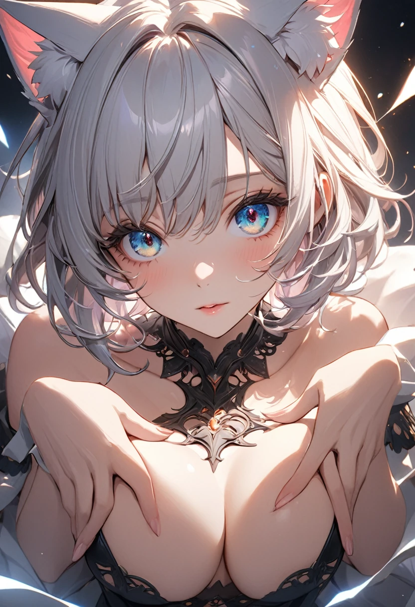 neferpitou, neferpitou, short hair, (red eyes:1.5),  animal ears, tail, white hair, shorts, cat ears, cat tail, curly hair, (small breast:1.2), BREAK looking at viewer, BREAK outside, BREAK (masterpiece:1.2), best quality, high resolution, unity 8k wallpaper, (illustration:0.8), (beautiful detailed eyes:1.6), extremely detailed face, perfect lighting, extremely detailed CG, (perfect hands, perfect anatomy),