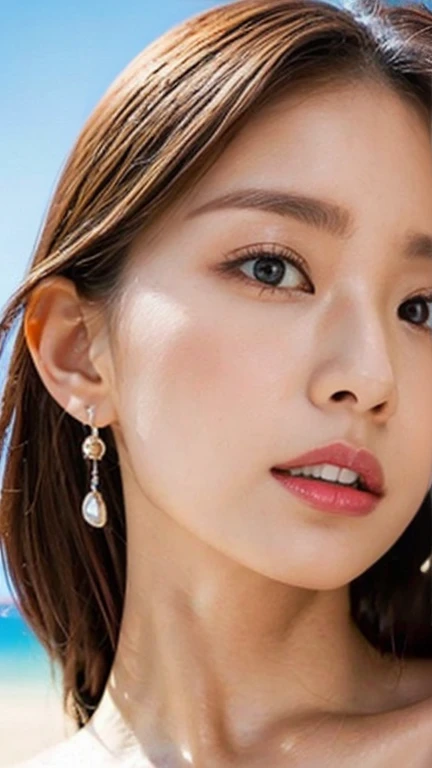 Close-up of the side bust of an attractive woman in a micro bikini、Small breasts、detailed、Vibrant colors、Realistic expression、Professional Lighting、The background is a midsummer beach
