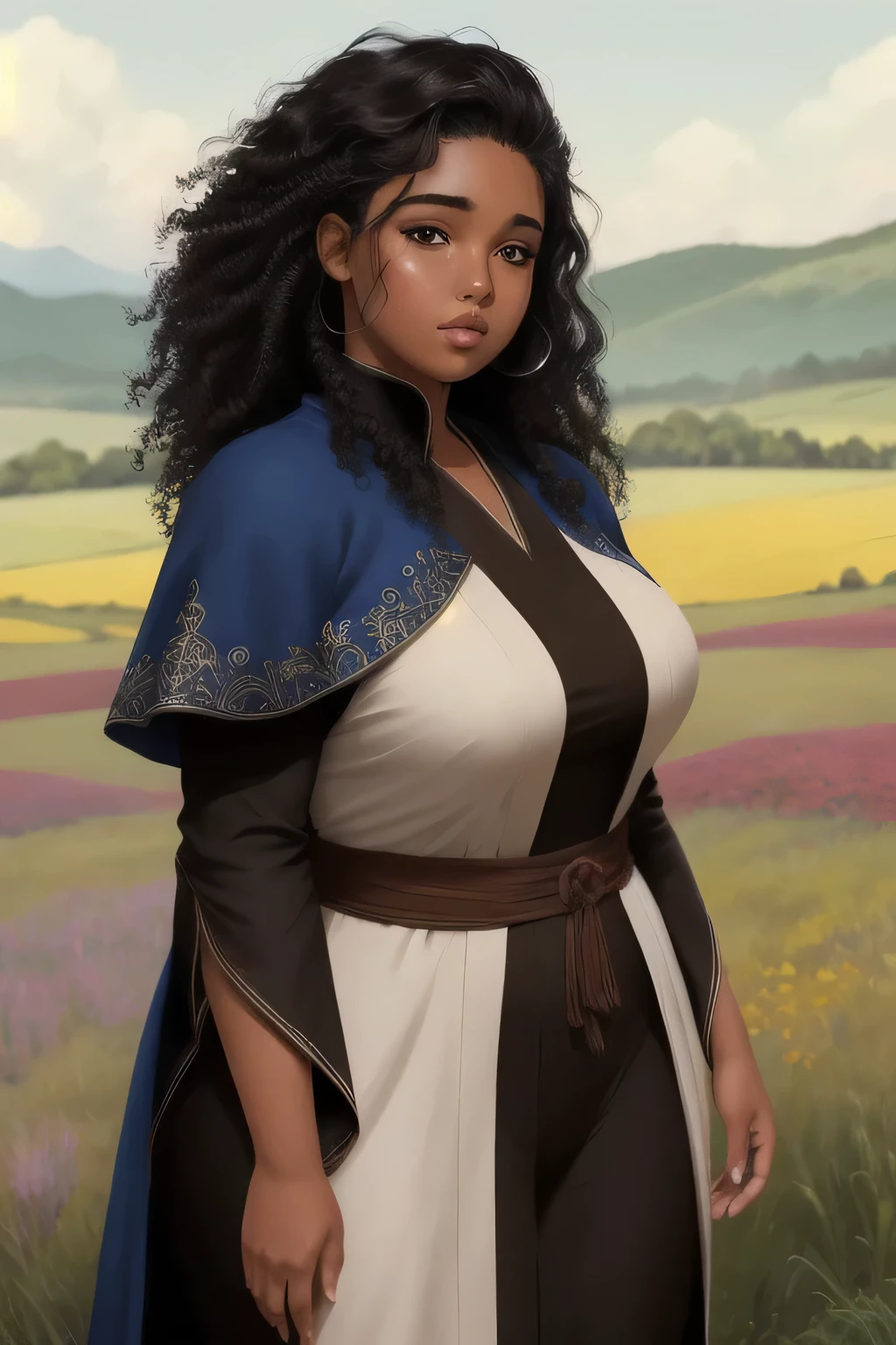 Anime illustration semi-realism of brown skin latina girl, 25 year old, plus size, curvy, overweight, black round eyes, black curly hair, full lips, sleek design, brown skin, sideswept hairstyle, round face, fantasy, mage blue outfit, mage robes blue, detailed hem, flower field meadow background, dynamic light, 