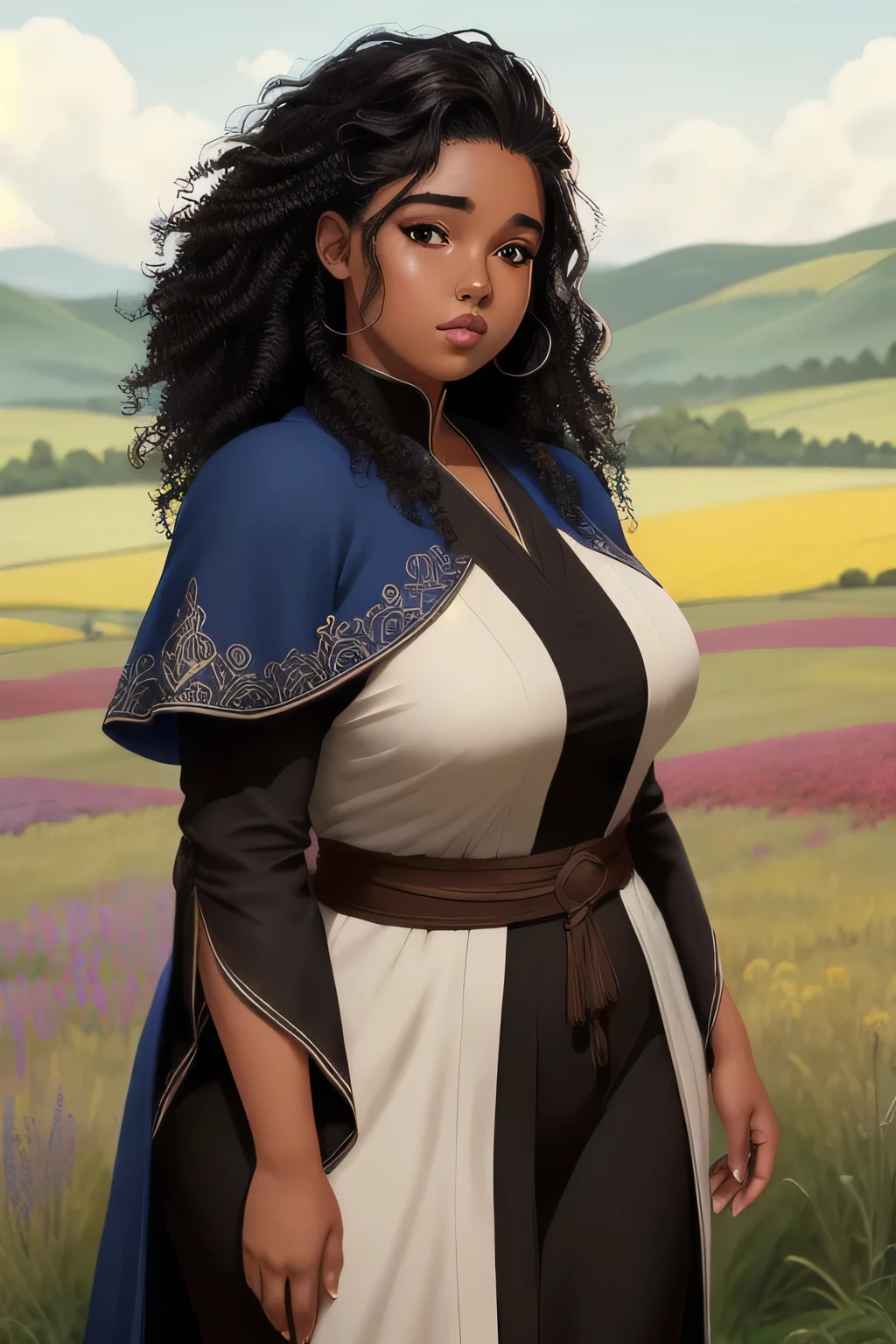 Anime illustration semi-realism of brown skin latina girl, 25 year old, plus size, curvy, overweight, black round eyes, black curly hair, full lips, sleek design, brown skin, sideswept hairstyle, round face, fantasy, mage blue outfit, mage robes blue, detailed hem, flower field meadow background, dynamic light,