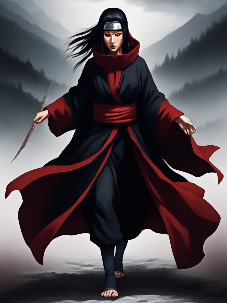 "Create a female version of the character Pain from the anime Naruto. She should have long, flowing dark hair, possibly in shades like black or deep purple. Her eyes should feature the iconic Rinnegan, but with a delicate and intense look. She should wear a fitted, elegant version of the traditional Akatsuki cloak, retaining the red cloud symbols. Include feminine accessories such as an ornate headband or jewelry that reflects her powerful aura. Her expression should be intense and determined, with a nuanced, feminine touch."