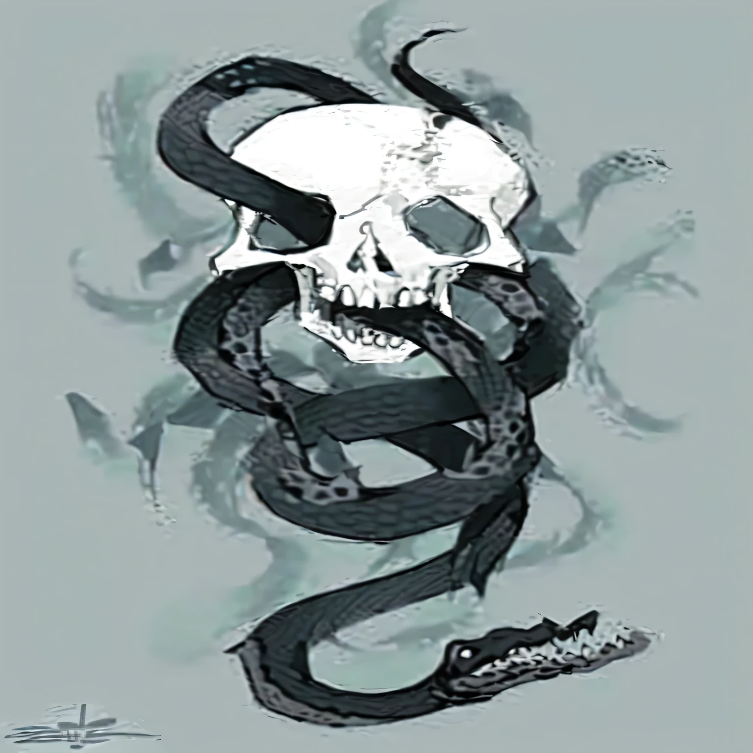 a close up of a skull and a snake on a gray background, snake skeleton, ((skull)), accurate depiction, ouroboros, drawing of a skull, skull like, an amalgamation of a snake, eerie and grim art style, mix of venom and cthulhu, discord profile picture, with snakes for hair, mixed with snake, hydra