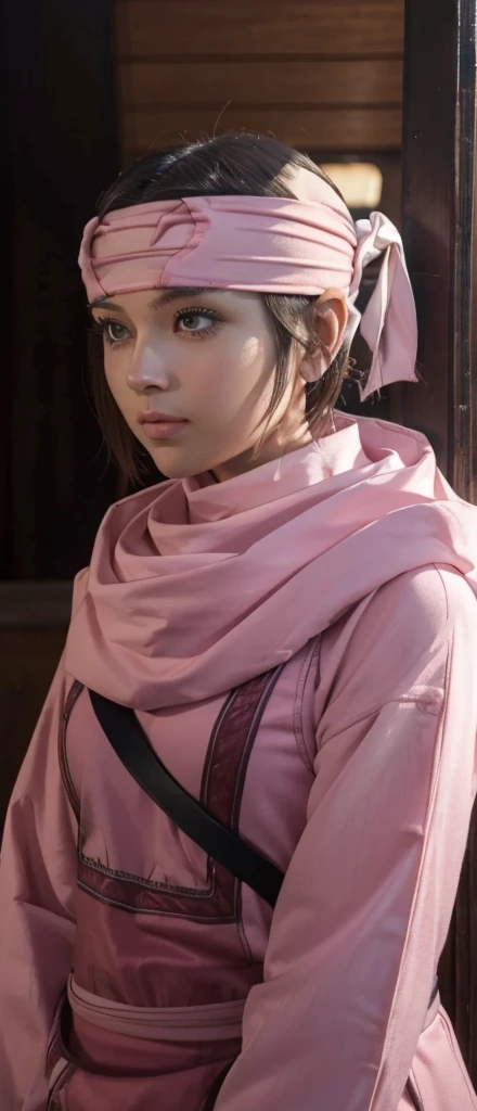 masterpiece), best quality, high resolution 1girl bob cut medium hair standing alone cowl headband profile image looking at viewer beautiful eyes beautiful face extremely detailed pink clothing girly