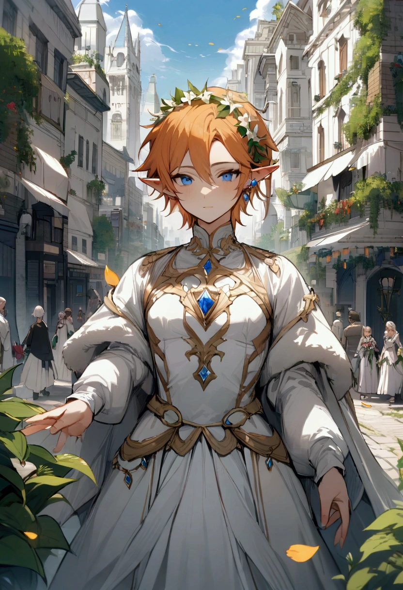 Masterpiece, High quality, High quality of art, best quality, best details, 1boy, fluffy orange hair, blue eyes, In white Heaton, a white city, a blue sky, full of inhabitants around, the inhabitants bow to him, Wreath of lilies, The white city of the elves, Walking along the main street of the city, there are many plants in the city, prince, A gold earring with a diamond on the left ear, in princess dress, small boy breast, boy, no female, almost adult, Elf boy, In front of him the children scatter petals