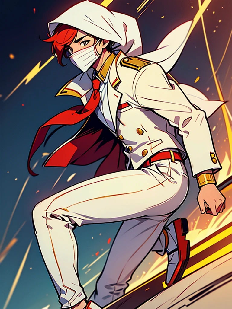 Young teenage male wearing a white balaclava that completely covers his face, but only reveals his eyes that glow red. He is wearing a white formal jacket with gold metallic shoulder pads, a white formal shirt with a red tie, white trousers with metallic knee pads, gold-colored shoes