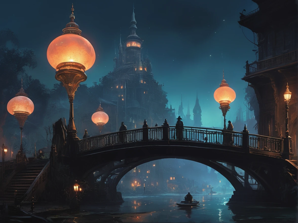 a Clockwork djinn with ornate,mystical lamps at a Gaslit bridge spanning over tranquil river,city of yharnam,bloodborne,ultra-fine digital painting,cin3 , victorianstyle,concept art by syd mead by James Gilleard,Emphasize eerie atmosphere,high contrast,and interplay of shadow and light. Include colorful,retro futuristic,bird's eye view,Extreme Long Shot,establishing shot,(atmospheric perspective:1.1),, Alien bazaar,exotic creatures bartering under iridescent domes,cosmic spices wafting in the air.,cinematic movie by William Wyler,Greig Fraser,