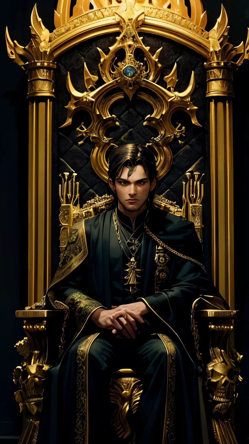 solo man, masterpiece, portrait, sitting at a throne, relaxed posture, beautiful details, death god, handsome, underworld background, throne made of bones, souls in the background, dark hair, bright green eyes, green magic, necromancy, athletic build