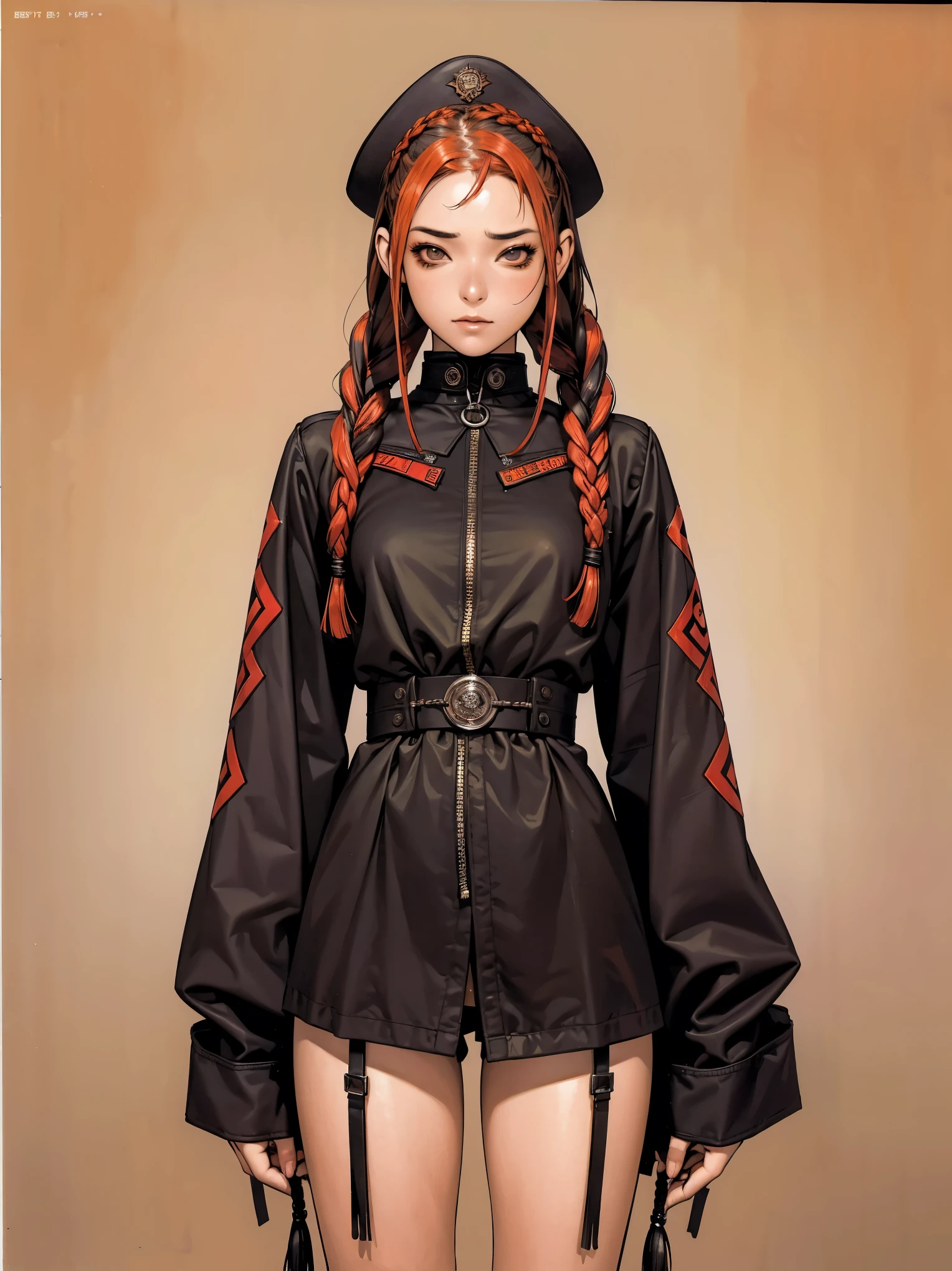 (((best qualityer))), (((manga strokes))), (((hair with red highlights))), (((braids))), (((bangss))), uma Kizi policial sexly muito bem vestida com roupas modernas de inverno, tiny shorts with red and black diamond pattern, long ribbon-garter, coxas nuas, top gift vertical stripes, short jacket with dark fur collar, beautiful and expressive face, slightly-smile, big eyes with long black eyelashes, heavy make-up, chains and zippers spread across clothes, contrasting colours, pose de atitude, hair with a modern and futuristic cut, urban game poster art, dramatic camera angles, graffiti art elements in the background, design mixing contemporary and retro by Shepard Fairey, (((cowboy shot))), (((best qualityer: 1.4))), (Unbeatable masterpiece), (hiper HD),(CG 8k hyper-realistic), Kizi, (((standing alone))), pirralha violent, (((14歳))), sexly, pose de atitude, work of art, post-apocalypse, (((manga style))), bounty hunter, violent, Manic, the way you want, slenderbody, thin but strong, perfectbody, roupa moderna, advanced technology, neon, sleeves with vertical striped pattern, neutral background, (( cowboy shot )). intricate visual