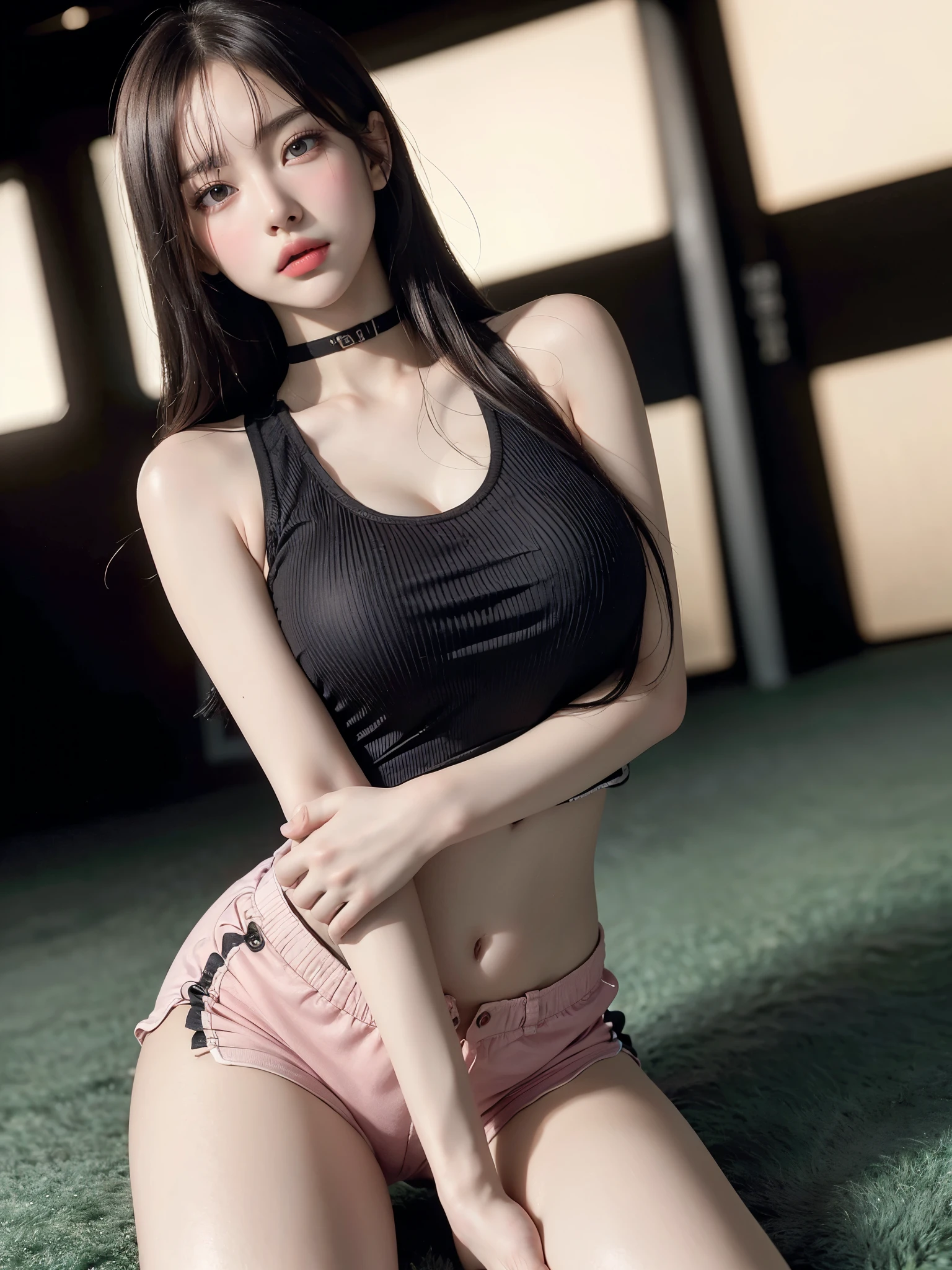 (UHigh resolution, retina, masterpiece, Accurate, Anatomically correct, Textured skin, Super Detail, Attention to detail, high quality, 最high quality, High resolution, 1080P, High resolution, 4K, 8k, 16K), (美しいAttention to detail目, Beautiful lip detail, Highly detailed eyes and face), Soft lighting, Physically Based Rendering, Vibrant colors, (A fit and energetic woman in a tight sports tops and shorts), (Glowing Skin, blush), (Wide angle), Eye Reflexes, (Staring at the audience),(Thighs,whole body,艶やかなThighs)