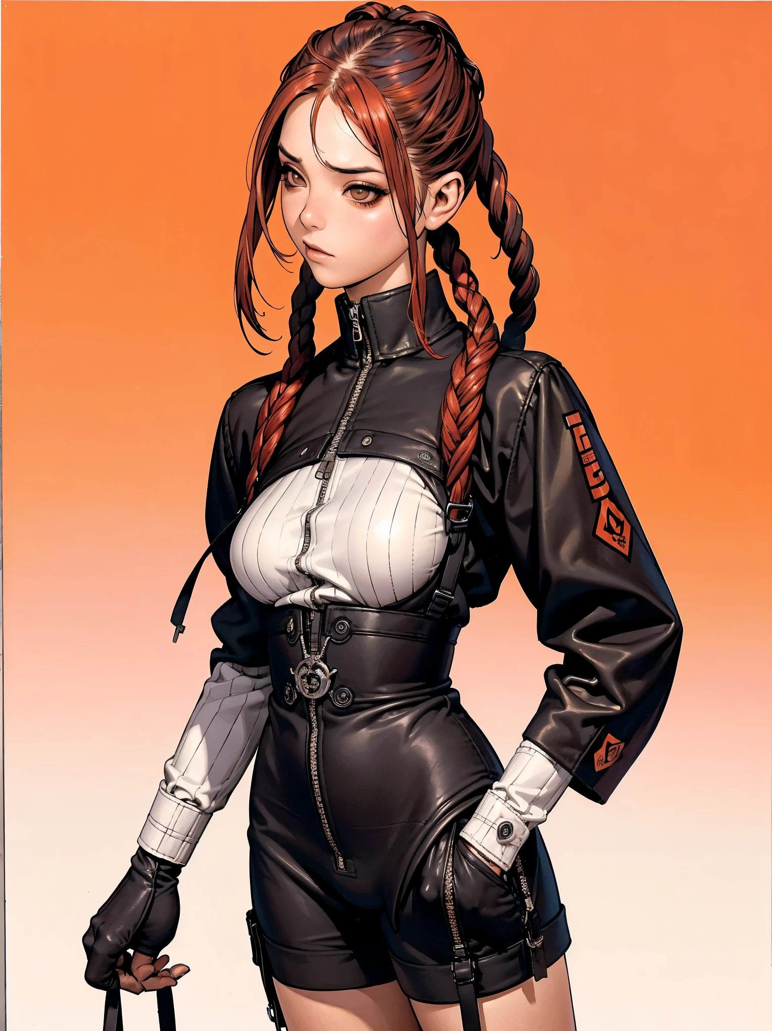 (((best qualityer))), (((manga strokes))), (((hair with red highlights))), (((braids))), (((bangss))), uma Kizi policial sexly muito bem vestida com roupas modernas de inverno, tiny shorts with red and black diamond pattern, long ribbon-garter, coxas nuas, top gift vertical stripes, short jacket with dark fur collar, beautiful and expressive face, slightly-smile, big eyes with long black eyelashes, heavy make-up, chains and zippers spread across clothes, contrasting colours, pose de atitude, hair with a modern and futuristic cut, urban game poster art, dramatic camera angles, graffiti art elements in the background, design mixing contemporary and retro by Shepard Fairey, (((cowboy shot))), (((best qualityer: 1.4))), (Unbeatable masterpiece), (hiper HD),(CG 8k hyper-realistic), Kizi, (((standing alone))), pirralha violent, ((())), sexly, pose de atitude, work of art, post-apocalypse, (((manga style))), bounty hunter, violent, Manic, the way you want, slenderbody, thin but strong, perfectbody, roupa moderna, advanced technology, neon, sleeves with vertical striped pattern, neutral background, (( cowboy shot )). intricate visual
