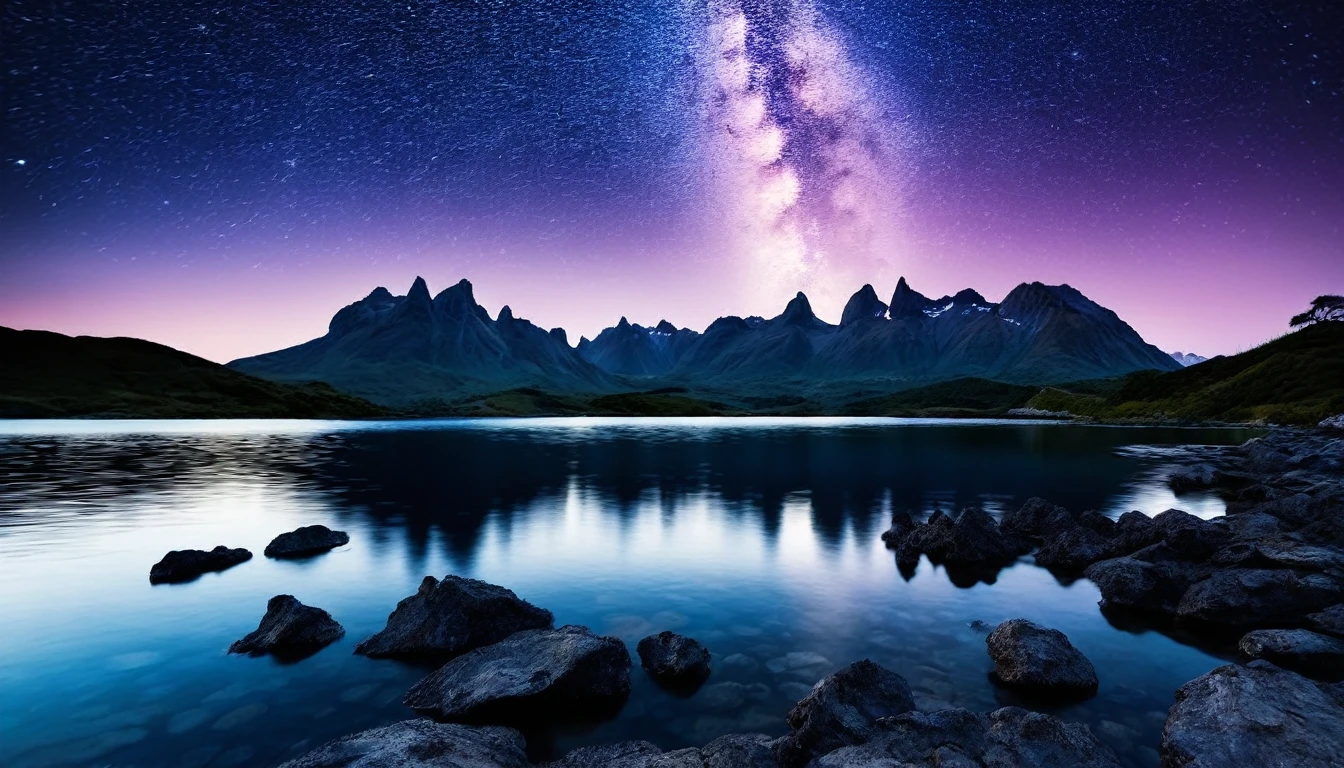 a dark and peaceful landscape by a calm lake with rocks and mountains, (best qualityer,4K,8k,high resolution,work of art:1.2),ultra detali,(realisitic,photorealisitic,photo-realisitic:1.37),dramatic lighting, temperamental atmosphere, serene, tranquil, atmospheric, cinematic, mountains silhouetted against a starry night sky, still water reflecting the sky, jagged rocks along the coast, lush vegetation around the lake, (cinematic lighting:1.2),(dramatic shadows:1.1),soft color palette, deep blues and purples --ar 16:9 --in 6