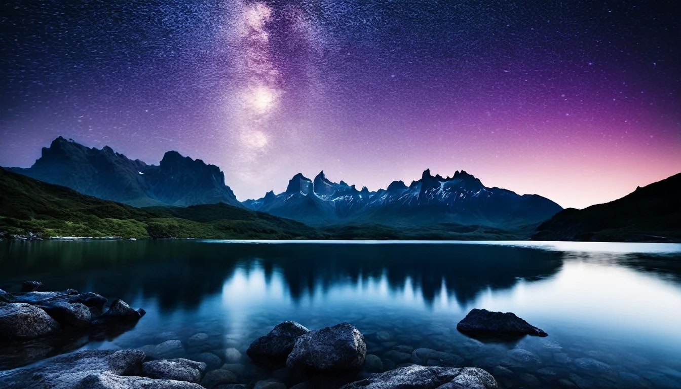 a dark and peaceful landscape by a calm lake with rocks and mountains, (best qualityer,4K,8k,high resolution,work of art:1.2),ultra detali,(realisitic,photorealisitic,photo-realisitic:1.37),dramatic lighting, temperamental atmosphere, serene, tranquil, atmospheric, cinematic, mountains silhouetted against a starry night sky, still water reflecting the sky, jagged rocks along the coast, lush vegetation around the lake, (cinematic lighting:1.2),(dramatic shadows:1.1),soft color palette, deep blues and purples --ar 16:9 --in 6