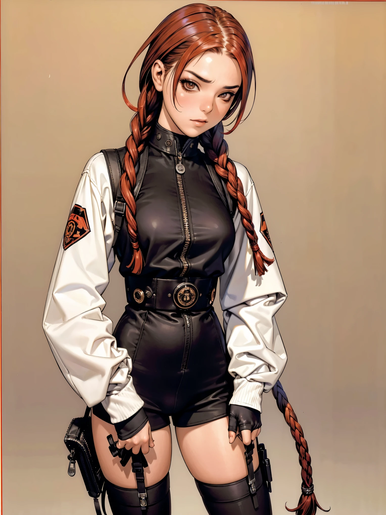 (((best qualityer))), (((manga strokes))), (((hair with red highlights))), (((braids))), (((bangss))), uma Kizi policial sexly muito bem vestida com roupas modernas de inverno, tiny shorts with red and black diamond pattern, long ribbon-garter, coxas nuas, top gift vertical stripes, short jacket with dark fur collar, beautiful and expressive face, slightly-smile, big eyes with long black eyelashes, heavy make-up, chains and zippers spread across clothes, contrasting colours, pose de atitude, hair with a modern and futuristic cut, urban game poster art, dramatic camera angles, graffiti art elements in the background, design mixing contemporary and retro by Shepard Fairey, (((cowboy shot))), (((best qualityer: 1.4))), (Unbeatable masterpiece), (hiper HD),(CG 8k hyper-realistic), Kizi, (((standing alone))), pirralha violent, ((())), sexly, pose de atitude, work of art, post-apocalypse, (((manga style))), bounty hunter, violent, Manic, the way you want, slenderbody, thin but strong, perfectbody, roupa moderna, advanced technology, neon, sleeves with vertical striped pattern, neutral background, (( cowboy shot )). intricate visual
