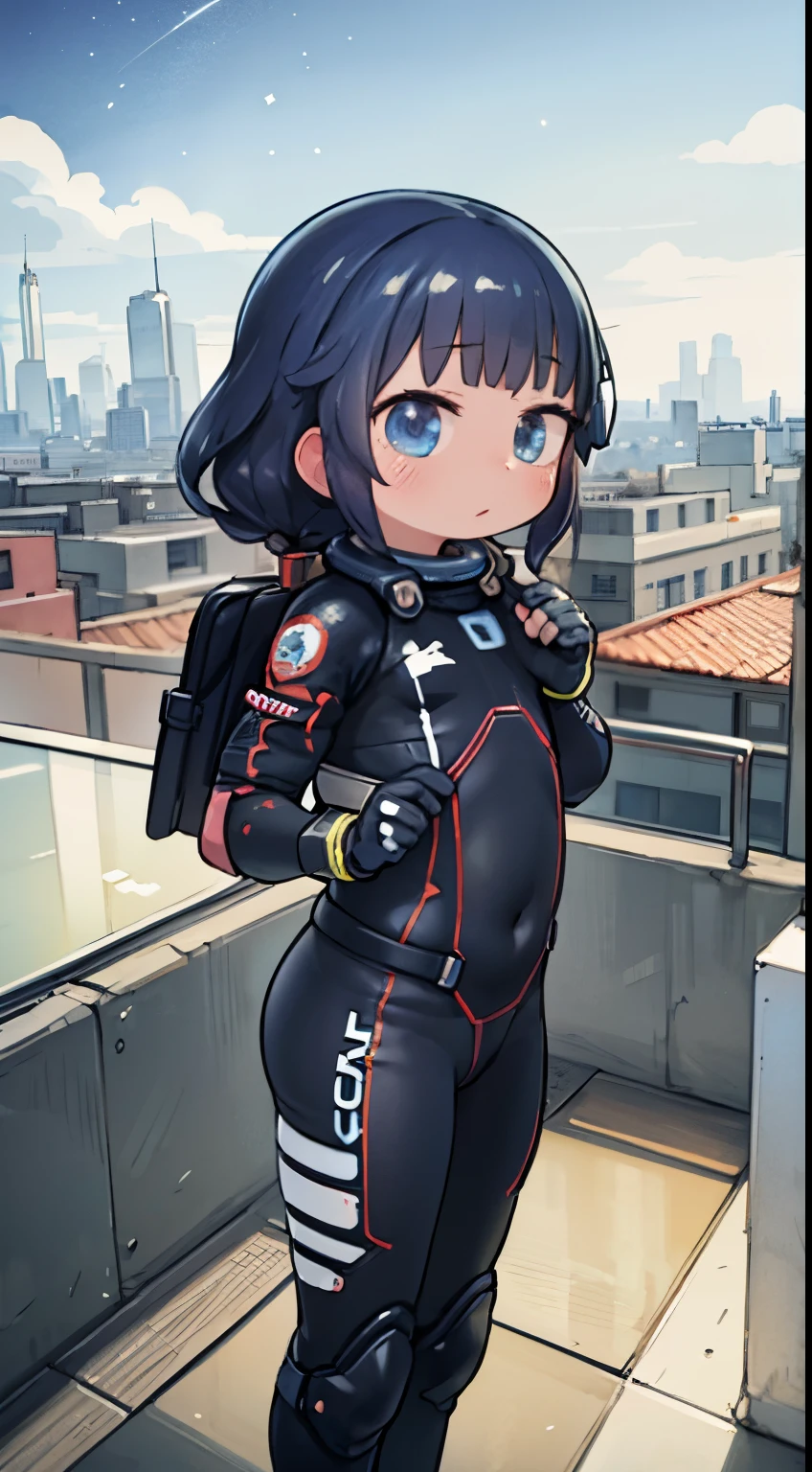 masterpiece，high quality，High resolution，，Attention to detail，Sleek design，Ultra-high-tech biotechnology combat suit，standing on a roof，Overlooking the city，Japanese special effects and American manga style，Space Sheriff&#39;Metallic suit，Red Armor，Very short stature，small ，cute，Large Breasts，Red School Bag，Crafty Pose，Smooth and shiny，very dynamic，fast，Natural light，Very detailed, Ultra-fine painting, Very delicate，creativity，Natural light，Cinema Lighting，Best Shadow，masterpiece-解剖学-完璧，Red School Bag，