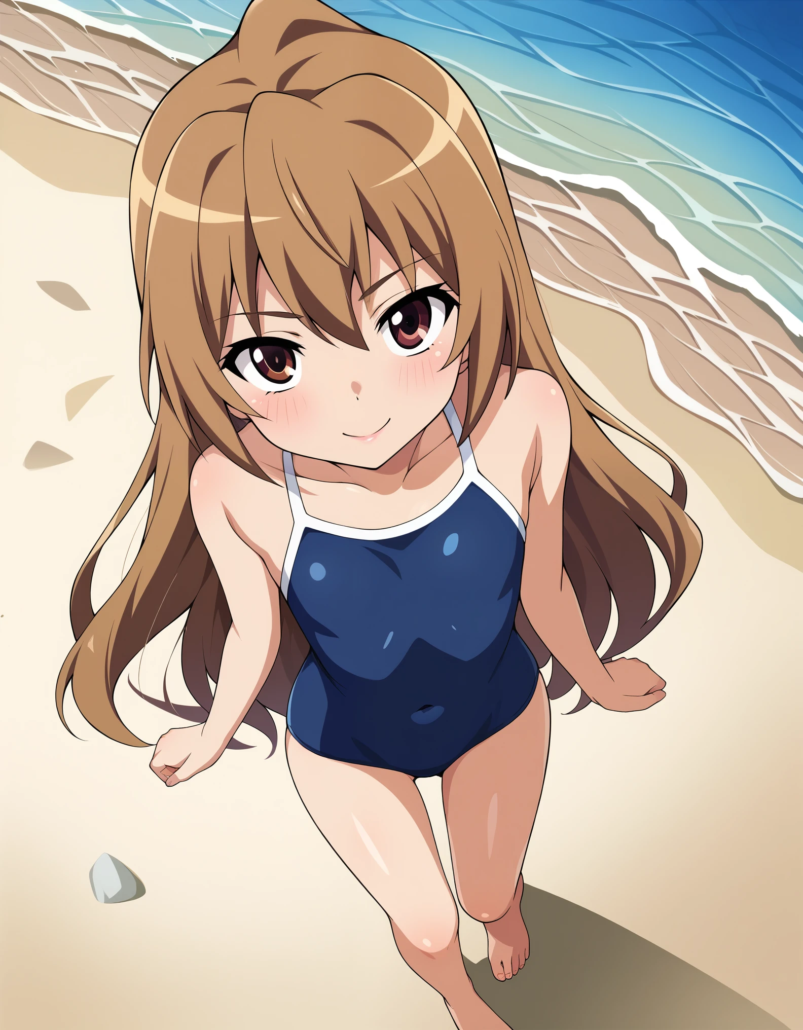 masterpiece, best_quality, 1girl, aisaka_taiga, brown_eyes, brown_hair, long_hair, flat_chest, blue_one-piece_swimsuit, beach, from_above