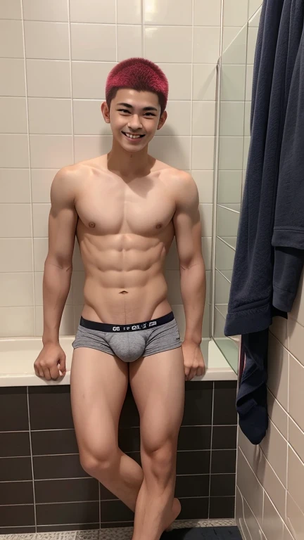 Japanese men、、Basketball Man、Well-developed muscles and smooth skin、Red shaved head、Relaxed and friendly smile、Dark grey boxer briefs、The whole body is visible from toes to head、Bathroom、