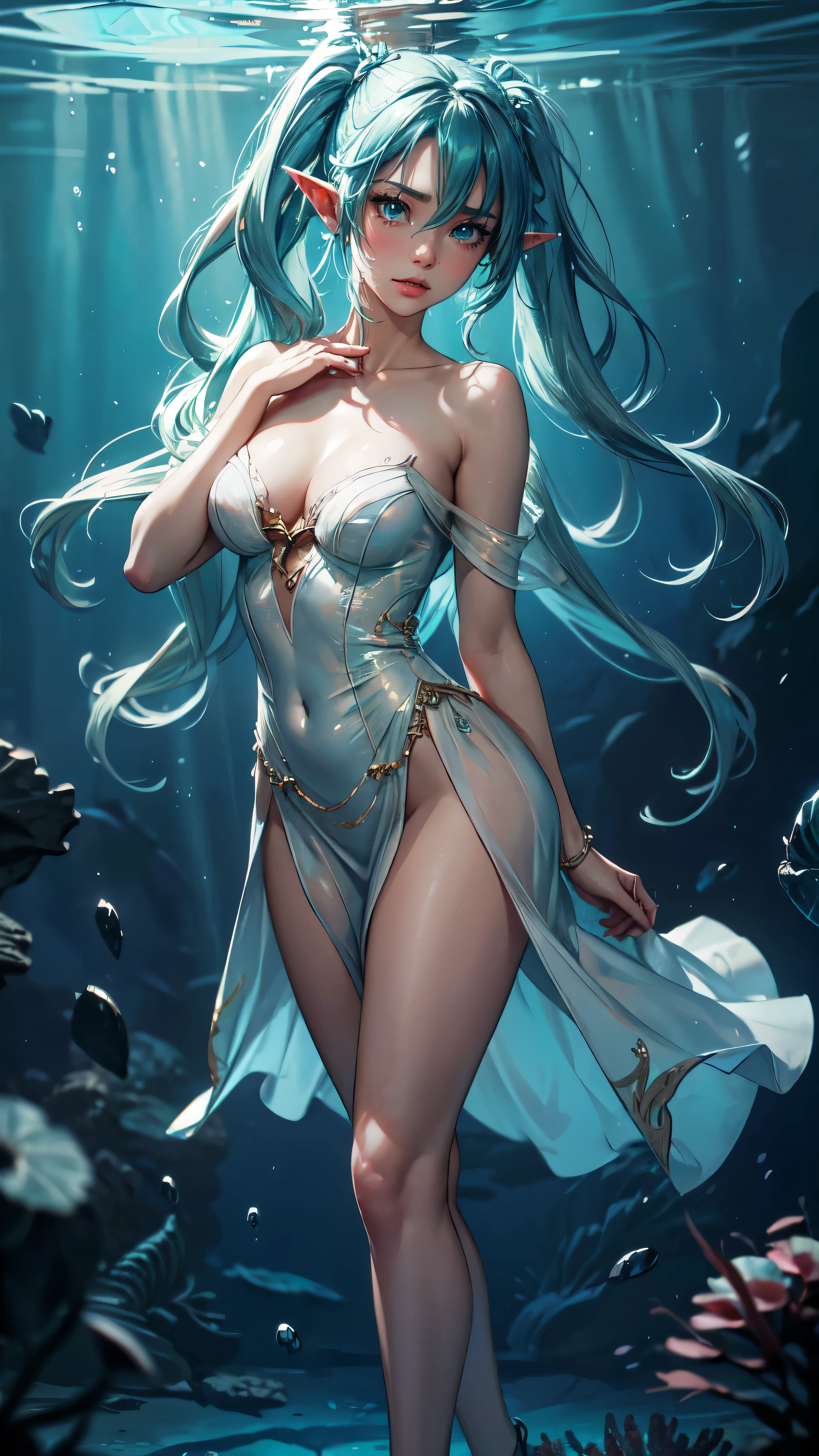 master part, best quality, high qualiy, angle from top, high angle, staring overhead:1.2, 1girl, floating girl, coiled position, nada no sea background, (((deepsea))), (((underwater))), (((fully body))), flowing hair, floating hair, blue green hair, Super Long Hair, super long twin tails, close eyes, long eyelashes, (((Grieving, cryinso, cryin))), fantasy color, color rendering, Light and Shade, wet liplack short dress, no-sleeves dress, Fundo dazzling, pillars of light, lightning strikes, rich colors, dreamy, Stardust, nobleman, chic, ((creative, very high quality images, too)))), ((Aurora, cristal gigante, magic ray, rich colors, Tyndall effect))), dazzling, dreamy, Dynamic, super detaill, 8K, Magnificent, Epic composition, details Intricate, engine unreal, imagem de fully body, bubble, AngelT, jellyfish, light beam, mistic, awesome, undersea, [retrato de fully body] atmosphere, right proportions, delicate beauty (extreme detail, portrait of delicate facial features, delicate representation of hair, Delicate Ocular Representation), (Extremely delicate CG) sea background, blisters, Volumetric lighting, better shadows, shallow depth of field, Portrait of incredibly beautiful, Delicate beautiful attractive face with  eyes, fine detailed eyes, highly detailed fine art, (finely detailed beautiful eyes and detailed face), delicate representation of facial features, (extremely high quality, Amazing details:1.25), (standing alone:1.3), Brightly Colored Paintings, (aesthetic), (Beautiful), (Professional angle), (Female One), (Woman), (female), (Beautiful), (feminine features), (16 yrs old), standing alone, 1womanl, dramatic light, beautiful hands, two hand, normal hands, two arms, Complete hands, Body cute, cute toes, normal fingers, five toes, (thumb, indicator finger, ring finger), beautiful ears, normal ears, Beautiful eyes, glare eyes, Beautiful Mouth, beautiful lips,detailed face, detailed eyes, detailed handssexy woman,elf girl, full body,detailed face, det
