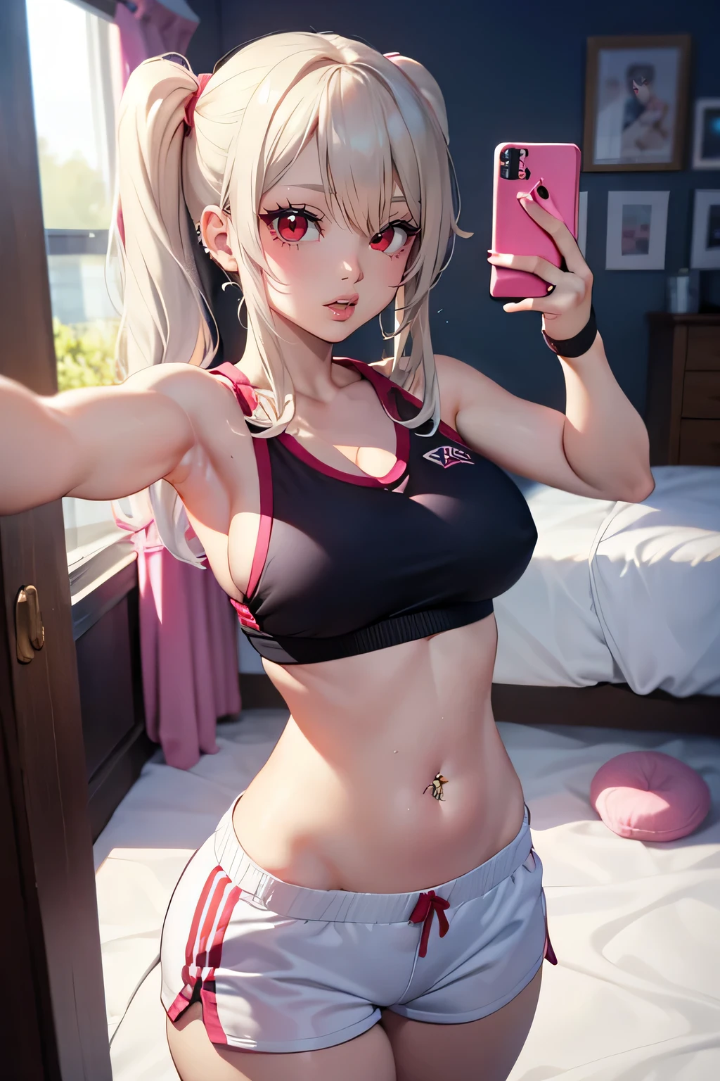 (1girl), red eyes, mature, mole onder eye,white hair, pigtails,  long hair,, x ornament, big lips, pretty lips, ((gyaru)), gyaru hairstyle, there is a woman in a white shorts taking a selfie, smooth pink tight clothes, posing in a bedroom, good hips and long legs, photo of slim girl, pretty face with arms and 2 4 year old female model, sporty, photo of slim girl model,belly button piercing,naval,midriff, gymclothing, gym, armpit, big boobs