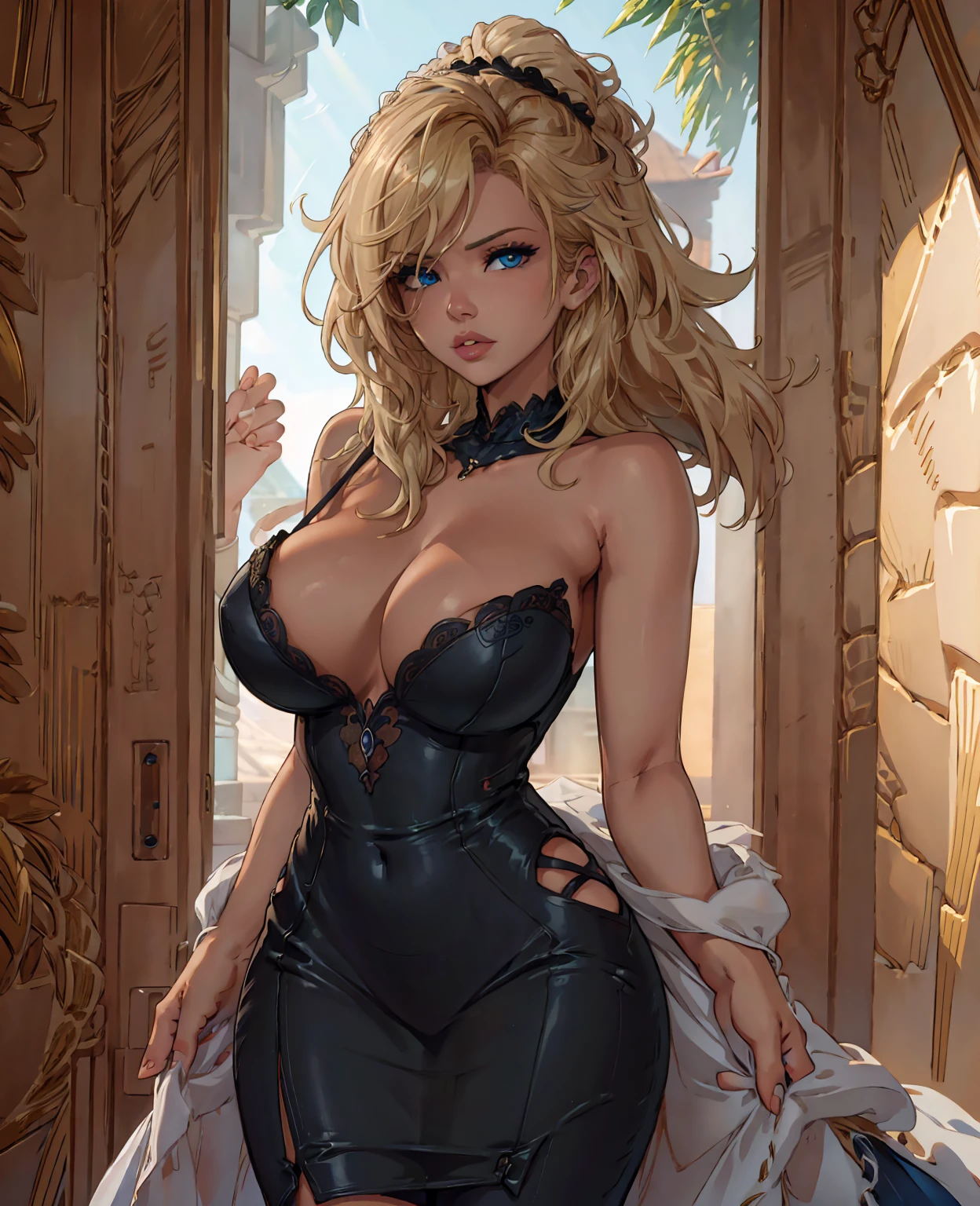 a beautiful milf with blonde hair, stunning blue eyes, full lips, wearing a tight black dress, sensual pose, highly detailed, photorealistic, 8K, HDR, cinematic lighting, dramatic shadows, warm color palette, elegant, alluring, seductive