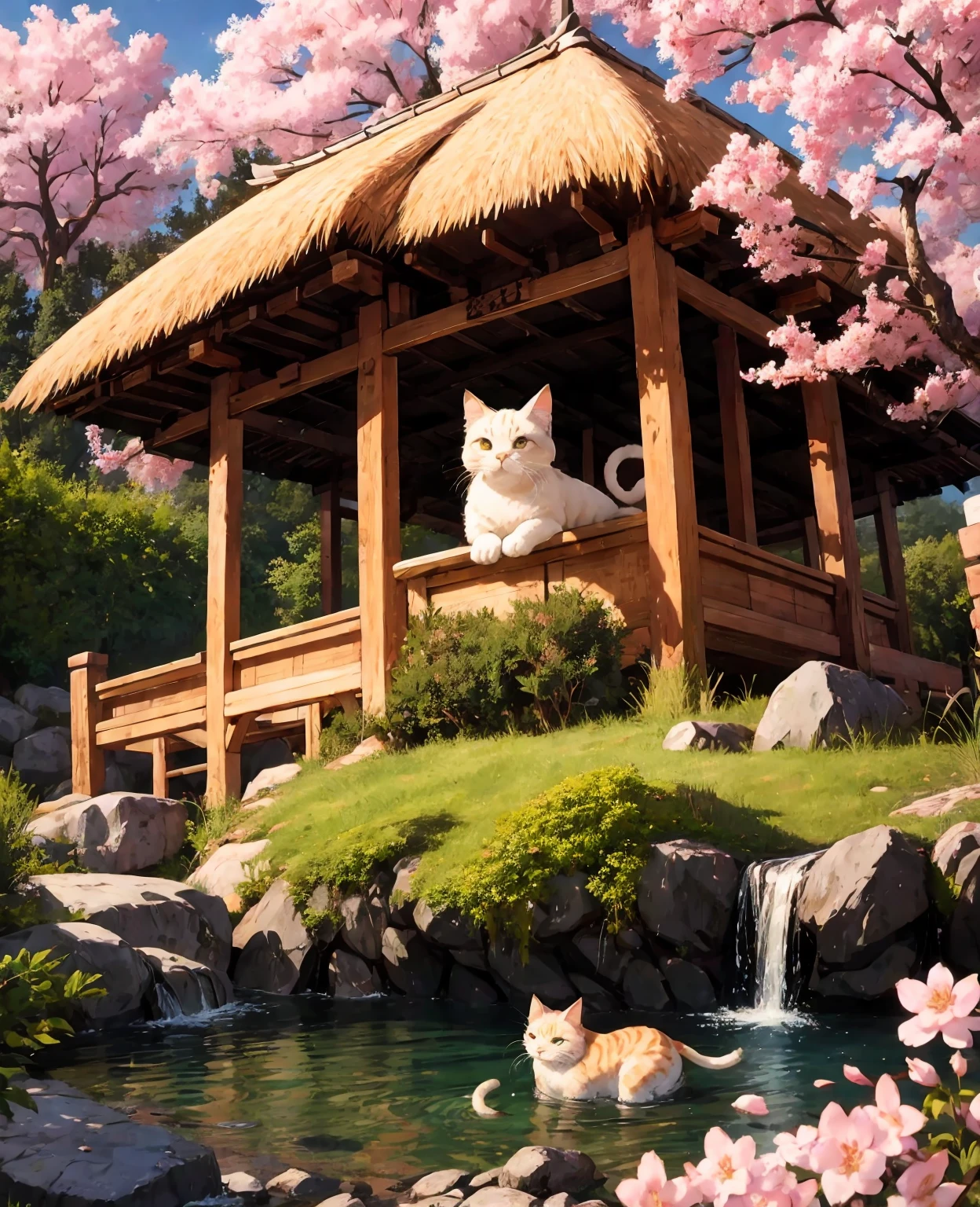 Lucky Cat is located on a circular thatched hut, Chinese ancient architectural accessories, cherry blossom trees, meadows, rockeries