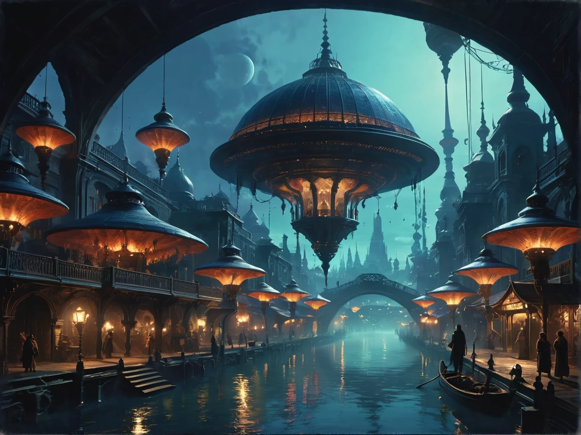 a Clockwork djinn with ornate,mystical lamps at a Gaslit bridge spanning over tranquil river,city of yharnam,bloodborne,ultra-fine digital painting,cin3 , victorianstyle,concept art by syd mead by James Gilleard,Emphasize eerie atmosphere,high contrast,and interplay of shadow and light. Include colorful,retro futuristic,bird's eye view,Extreme Long Shot,establishing shot,(atmospheric perspective:1.1),, Alien bazaar,exotic creatures bartering under iridescent domes,cosmic spices wafting in the air.,cinematic movie by William Wyler,Greig Fraser, vibrant colors