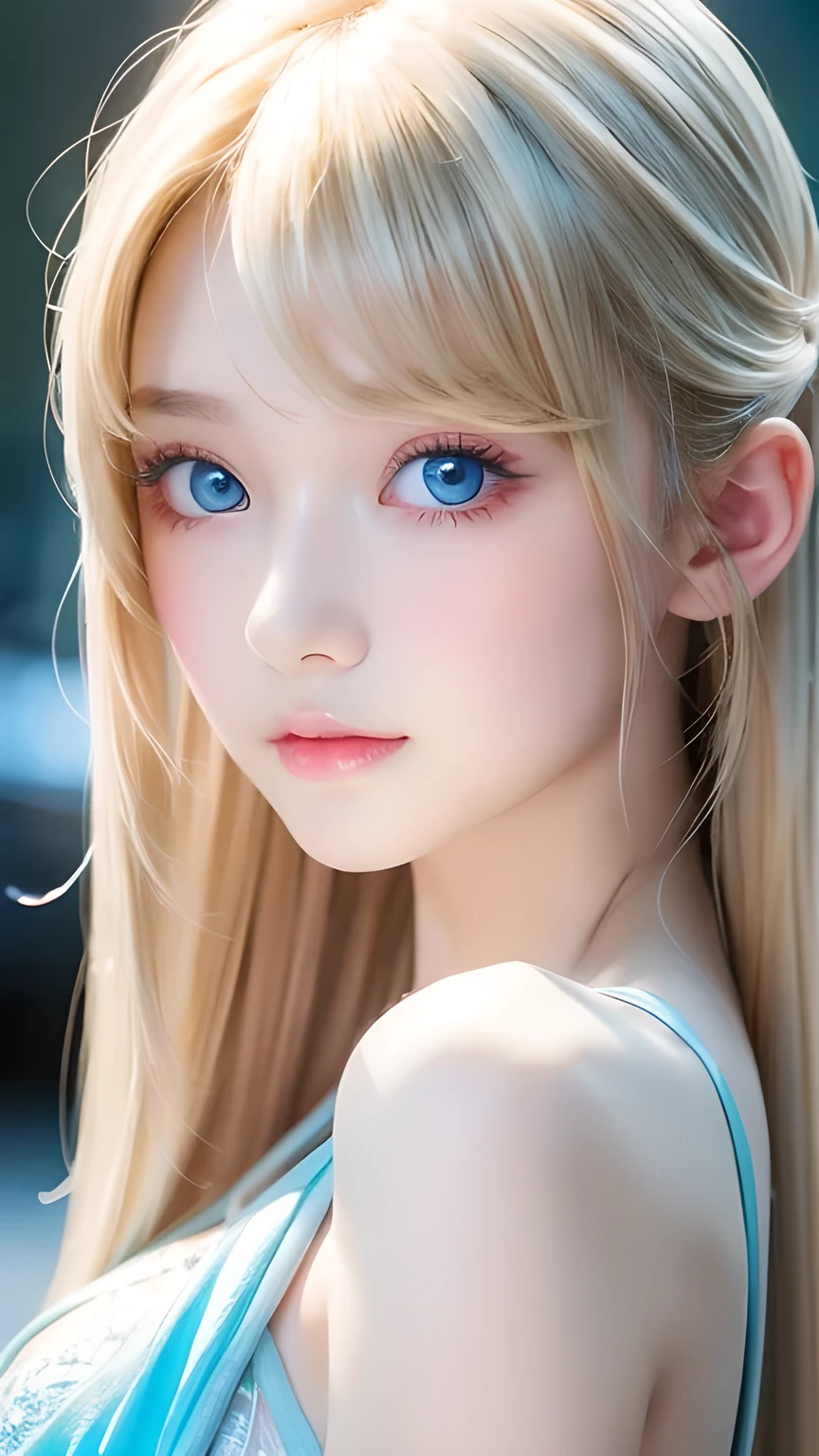 Crystal clear and shiny skin、Cute 13 year old with beautiful face、Very large, beautiful, bright, pale sky blue eyes、Very big eyes、Super long straight hair that shines in the light、Long, silky bangs that cover her cute eyes、Hair that hides sexy features、too long bangs、Sexy and cute young beauty、Super long natural young blonde hair with sparkling highlights Blonde over one eye Blonde over one eye、Blonde hair between the eyes